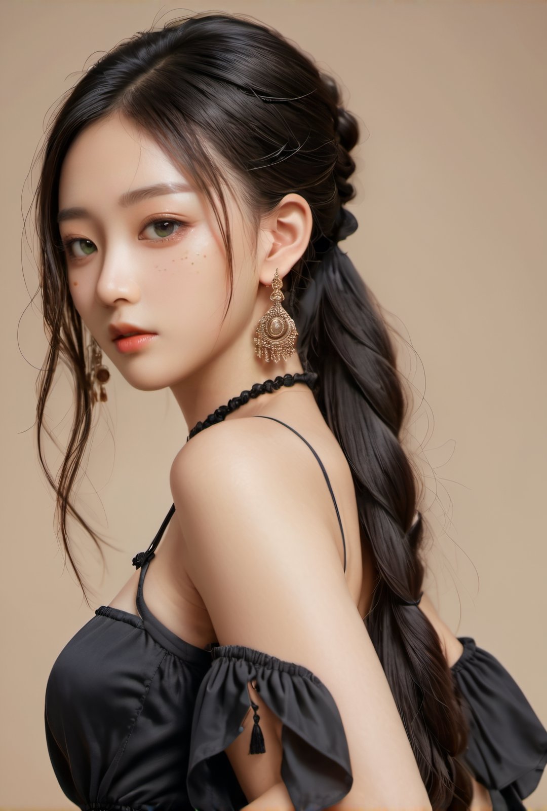 (glamour:1.3) photo of a beautiful young woman with shiny black messy_half_ponytail, wearing Boho maxi dress with tassel details, BREAK (blush, blemishes:0.6), (goosebumps:0.5), subsurface scattering, detailed skin texture, (slender, absolute_cleavage:1.3), photorealistic, remarkable color, textured skin, realistic dull skin noise, visible skin detail, skin fuzz, (upper body from hips framing:1.3), posing gravure on a studio, looking at the camera, studio lighting, shot on Kodak Vision3 IMAX, golden_ratio,