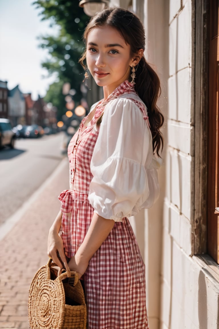 (glamour photography) photo of a smiling LinkGirl, 18 year old, {ponytail|bobcut|bun hair}, wearing (Gingham-print sundress with a fit-and-flare silhouette, paired with ankle-wrap sandals, a straw bag, and a pair of drop earrings:1.2), dfdd, (blush:0.9), (goosebumps:0.5), solo, beautiful, masterpiece, (photorealistic:1.2), hi-res, hdr, 8k, remarkable color, ultra realistic, textured skin, realistic dull skin noise, visible skin detail, skin fuzz, dry skin, perfect face, perfect eyes, (casual posing for picture:1.2), (cowboy shot:1.6), (detailed random background:1.6), natural lighting, (ray tracing:1.2), subsurface scattering, {low angle|(shot from a dutch angle:1.4)}, golden ratio, (shot on Leica T), RAW cinema photo, 50mm portrait lens, shallow depth of field, Fujicolor Pro film