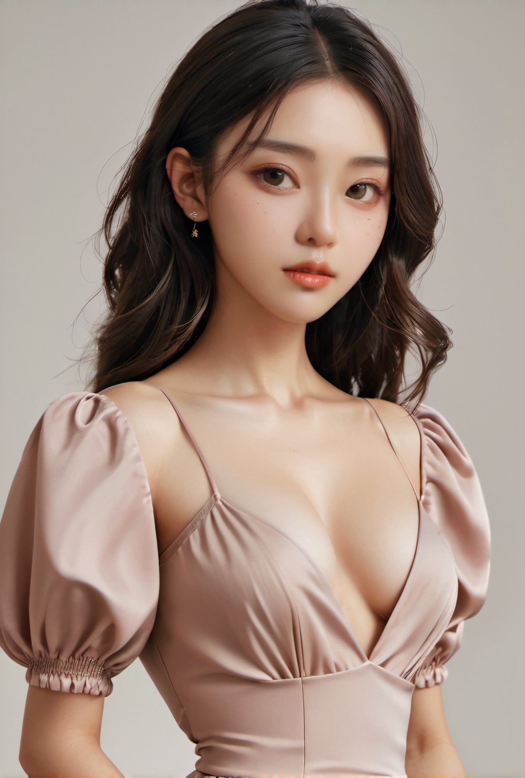 (glamour:1.3) photo of a beautiful young woman with a messy_half_ponytail, wearing Wrap front midi dress with balloon sleeves, BREAK (blush, blemishes:0.6), (goosebumps:0.5), subsurface scattering, detailed skin texture, (slender, absolute_cleavage:1.3), photorealistic, remarkable color, textured skin, realistic dull skin noise, visible skin detail, skin fuzz, (upper body from hips framing:1.3), posing gravure on a studio, looking at the camera, studio lighting, shot on Kodak Vision3 IMAX, golden_ratio,dfdd,