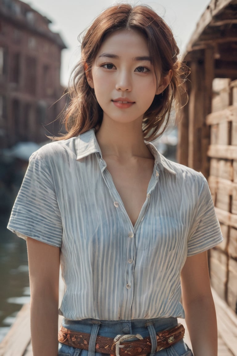 (glamour photography:1.3) photo of a smiling japanese xxmix_girl in her 20s, {ponytail|bobcut|bun hair}, wearing (Nautical-inspired outfit with a striped t-shirt, white linen shorts, boat shoes, and a rope belt for a day spent by the water:1.2), dfdd, (blush:0.9), (goosebumps:0.5), solo, beautiful, masterpiece, photorealistic, hi-res, hdr, 8k, remarkable color, ultra realistic, textured skin, realistic dull skin noise, visible skin detail, skin fuzz, dry skin, perfect face, perfect eyes, (gravure posing for picture:1.2), (cowboy shot:1.6), (detailed random background:1.4), natural lighting, (ray tracing:1.2), subsurface scattering, {low angle|(shot from a dutch angle:1.4)}, golden ratio, (shot on Leica T), RAW cinema photo, 50mm portrait lens, shallow depth of field, Fujicolor Pro film