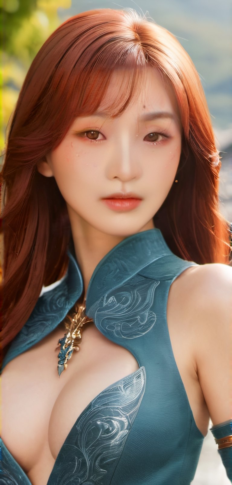 (glamour:1.3) photo of a beautiful young woman with a clear collarbone and fire red hair, (posing seductively:1.4) with japan scenery, BREAK wearing Witchblade outfit, bare_shoulders, long dress with side_slit, (blush, blemishes:0.6), (goosebumps:0.5), subsurface scattering, detailed skin texture, (skinny, petite, photorealistic:1.3), textured skin, realistic dull skin noise, visible skin detail, skin fuzz, remarkable color, (upper body from waist framing:1.3), golden_hour, golden_ratio, Fujicolor_Pro_Film,