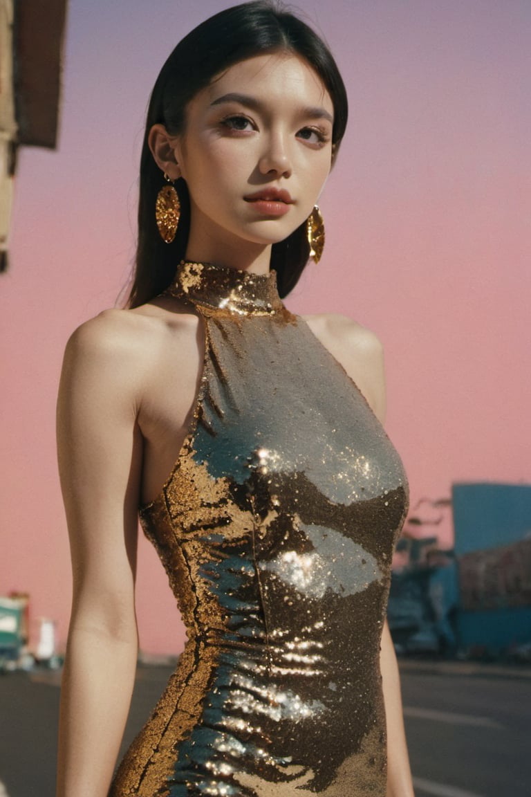 (glamour photography:1.3) photo of a FilmGirl in her 20s, {ponytail|bobcut|bun hair}, wearing (black and gold sequin mini dress with black patent leather ankle strap heels and statement earrings:1.3), dfdd, (blush:0.9), (goosebumps:0.5), solo, beautiful, masterpiece, photorealistic, hi-res, hdr, 8k, remarkable color, ultra realistic, iridescent eyes, textured skin, realistic dull skin noise, visible skin detail, skin fuzz, dry skin, (gravure posing for picture:1.2), (cowboy shot:1.6), (detailed cyber street:1.6), soft bounced lighting, (ray tracing), subsurface scattering, {low angle|(shot from a dutch angle:1.4)}, golden ratio, (shot on Leica T), RAW candid cinema, 50mm portrait lens, shallow depth of field, Fujicolor Pro film