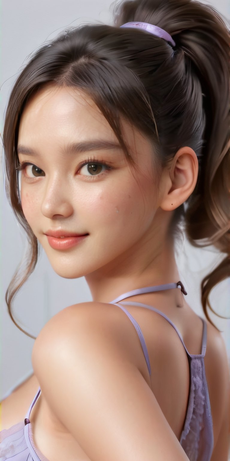 (glamour:1.3) photo of a beautiful smiling young woman with a dark-brown messy_half_ponytail, wearing Lilac Mesh Chemise with Strappy Back Detail, BREAK , (blush, blemishes:0.6), (goosebumps:0.5), subsurface scattering, (sexy_jawline), iridescent_eyes, detailed skin texture, (skinny, absolute_cleavage:1.3), photorealistic, masterpiece, remarkable color, textured skin, realistic dull skin noise, visible skin detail, skin fuzz, (upper body framing:1.3), natural lighting, (from side|high angle|from behind, looking at camera), shot on Kodak Vision3 IMAX, golden_ratio,