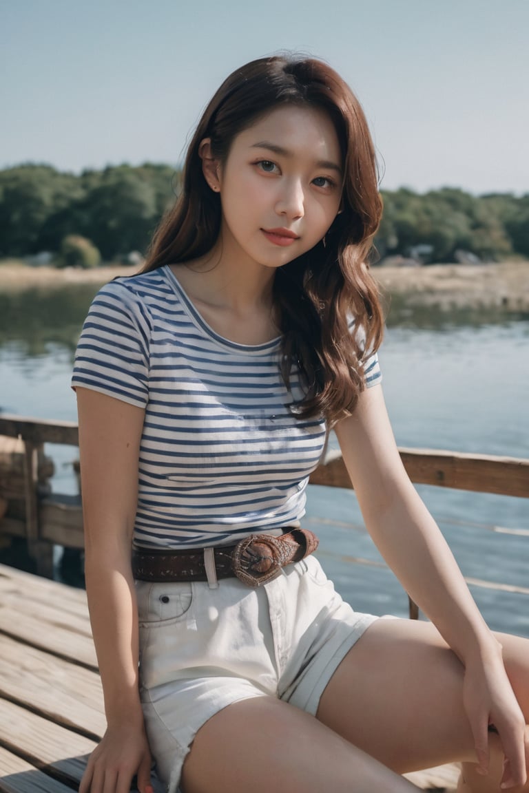 (glamour photography:1.3) photo of a smiling japanese xxmix_girl in her 20s, {ponytail|bobcut|bun hair}, wearing (Nautical-inspired outfit with a striped t-shirt, white linen shorts, boat shoes, and a rope belt for a day spent by the water:1.2), dfdd, (blush:0.9), (goosebumps:0.5), solo, beautiful, masterpiece, photorealistic, hi-res, hdr, 8k, remarkable color, ultra realistic, textured skin, realistic dull skin noise, visible skin detail, skin fuzz, dry skin, perfect face, perfect eyes, (gravure posing for picture:1.2), (cowboy shot:1.6), (detailed random background:1.4), natural lighting, (ray tracing:1.2), subsurface scattering, {low angle|(shot from a dutch angle:1.4)}, golden ratio, (shot on Leica T), RAW cinema photo, 50mm portrait lens, shallow depth of field, Fujicolor Pro film