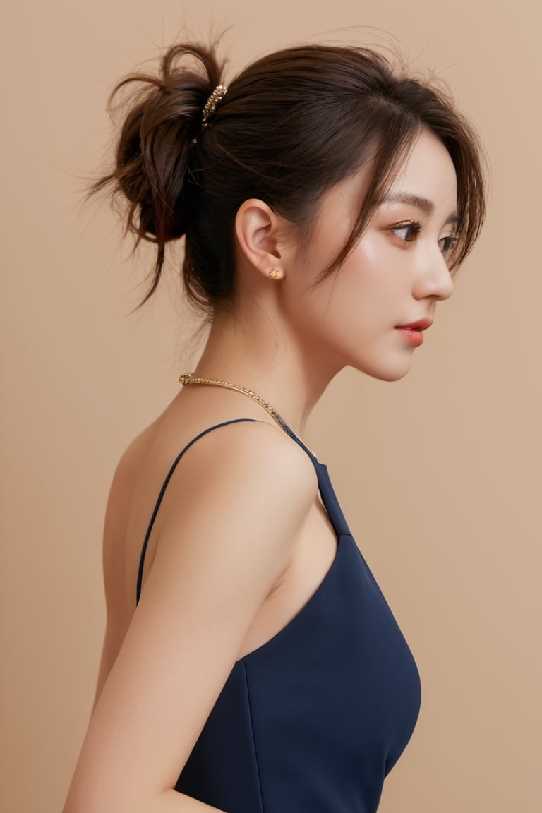 (glamour:1.3) photo of a beautiful young xxmix_girl, ponytail hairstyle with mid-parted bangs, wearing Navy blue halter neck midi dress with side slit, BREAK (blush, blemishes:0.6), (goosebumps:0.5), subsurface scattering, perfecteyes, detailed skin texture, (slender, petite, droptear chest, (absolute_cleavage), photorealistic, masterpiece, remarkable color, ultra realistic, textured skin, realistic dull skin noise, visible skin detail, skin fuzz, dry skin, upper_body from waist frame, in a party background, soft natural lighting, ray_tracing, from side, ALEXA 65, golden_ratio