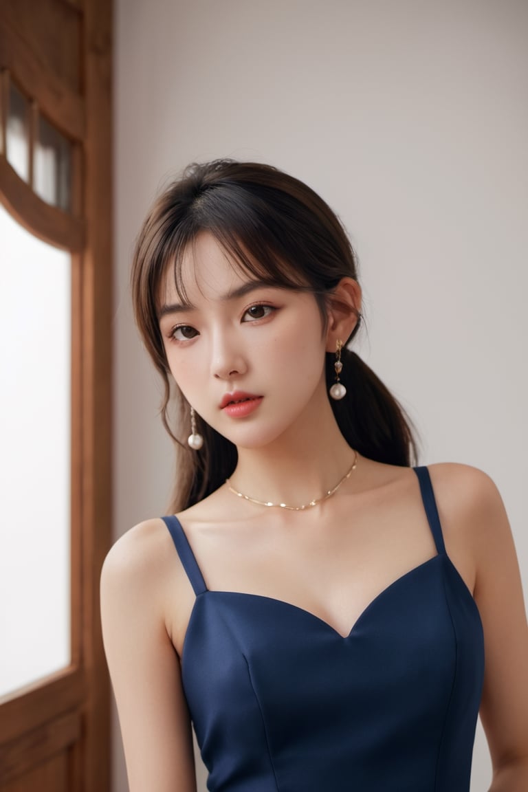 (glamour:1.3) photo of a beautiful young xxmix_girl, ponytail hairstyle with mid-parted bangs, wearing Navy blue halter neck midi dress with side slit, BREAK (blush, blemishes:0.6), (goosebumps:0.5), subsurface scattering, perfecteyes, detailed skin texture, (slender, petite, droptear chest, (absolute_cleavage), photorealistic, masterpiece, remarkable color, ultra realistic, textured skin, realistic dull skin noise, visible skin detail, skin fuzz, dry skin, upper_body from waist frame, in a party background, soft natural lighting, ray_tracing, from side, ALEXA 65, golden_ratio