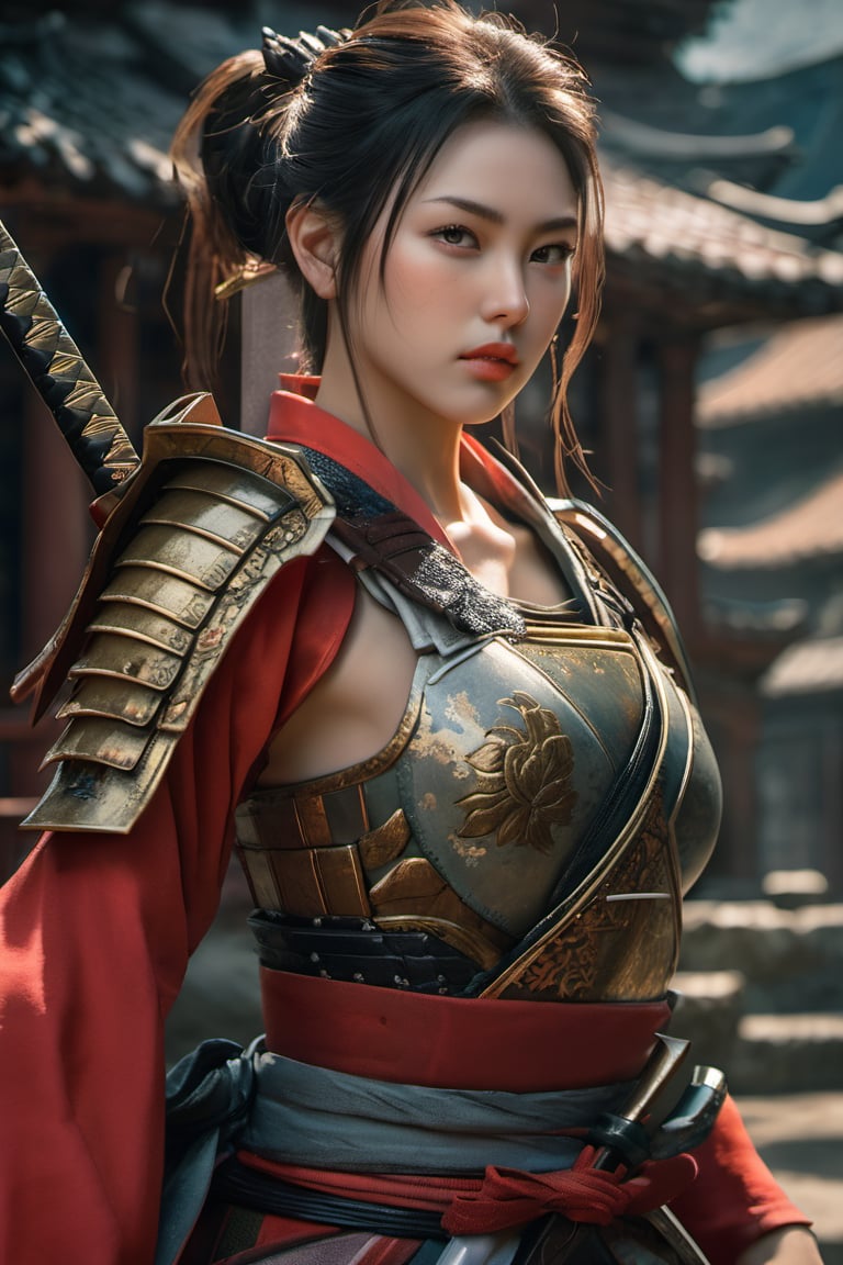 (glamour photography:1.3) photo of a Samurai xxmix_girl, (jaw), {ponytail|bobcut|bun_hair}, ((full samurai_armor):1.2), mecha arms, ((katana on hips, naginata on the back:1.2)), (blush:0.9), (goosebumps:0.5), beautiful, masterpiece, photorealistic, hi-res, hdr, 8k, remarkable color, ultra realistic, textured skin, realistic dull skin noise, visible skin detail, skin fuzz, dry skin, (petite), (a warior goddess intimidating the viewer), (detailed Lost_Ruins, 6000), natural lighting, (ray tracing:1.2), subsurface scattering, {from side|from behind|(shot from a dutch angle)}, golden ratio, shot on Leica T, RAW cinema photo, 50mm portrait lens, shallow depth of field, Fujicolor Pro film,xxmix_girl