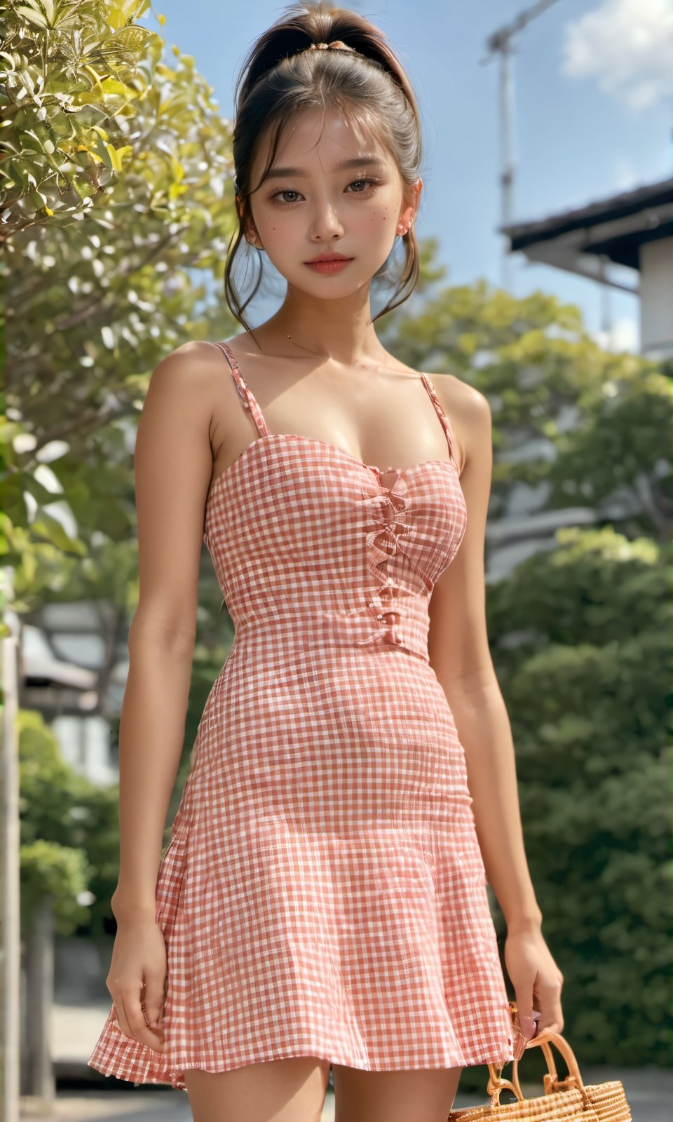 (glamour:1.3) photo of a beautiful young filipina woman with shiny black messy_half_ponytail posing gravure japan scenery, BREAK wearing Gingham-print sundress with a fit-and-flare silhouette, paired with ankle-wrap sandals, a straw bag, and a pair of drop earrings, BREAK (blush, blemishes:0.6), (goosebumps:0.5), subsurface scattering, detailed skin texture, (skinny, absolute_cleavage:1.3), photorealistic, remarkable color, textured skin, realistic dull skin noise, visible skin detail, skin fuzz, (upper body from hips framing:1.3), studio lighting, golden_ratio, shot on Kodak Vision3 IMAX, Fujicolor_Pro_Film,