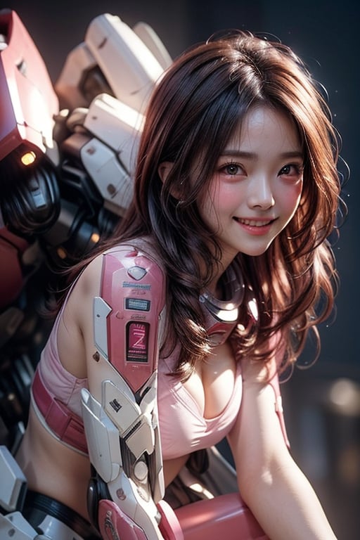 (candid photography) photo of a smiling girlfriend in her 20s, (sexy jawline), (lopsided smile:1.2), (wearing pink mecha), (blush:0.9), beautiful, masterpiece, remarkable color, ultra realistic, (tan skin:0.9), textured skin, remarkable detailed pupils, realistic dull skin noise, visible skin detail, skin fuzz, dry skin, perfect body, (goosebumps:0.5), (petite:0.9), standing pose, (upper body from knees framing:1.6), soft bounced lighting, (ray tracing:1.2), subsurface scattering, (from {side|above|below}), shot with red cinematic camera, RAW candid cinema, 50mm lens, Fujicolor Pro film,