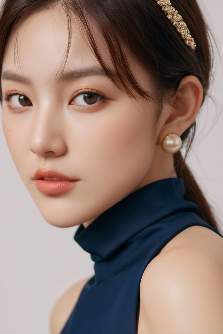 (glamour:1.3) photo of a beautiful young xxmix_girl, ponytail hairstyle with mid-parted bangs, wearing Navy blue halter neck midi dress with side slit, BREAK (blush, blemishes:0.6), (goosebumps:0.5), subsurface scattering, perfecteyes, detailed skin texture, (slender, petite, droptear chest, (absolute_cleavage), photorealistic, masterpiece, remarkable color, ultra realistic, textured skin, realistic dull skin noise, visible skin detail, skin fuzz, dry skin, upper_body from waist frame, in a party background, soft natural lighting, ray_tracing, from side, ALEXA 65, golden_ratio