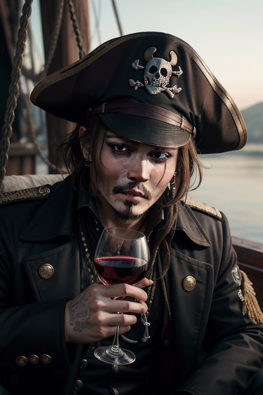 Johnny Depp closeup portrait in a pirate uniform drinking wine on a dilapidated ship in an award winning photography 