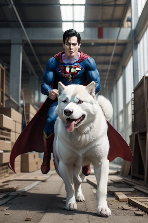 Superman with red cape flowing riding a giant white husky dog with jaw sharp teeth in a dilapidated factory