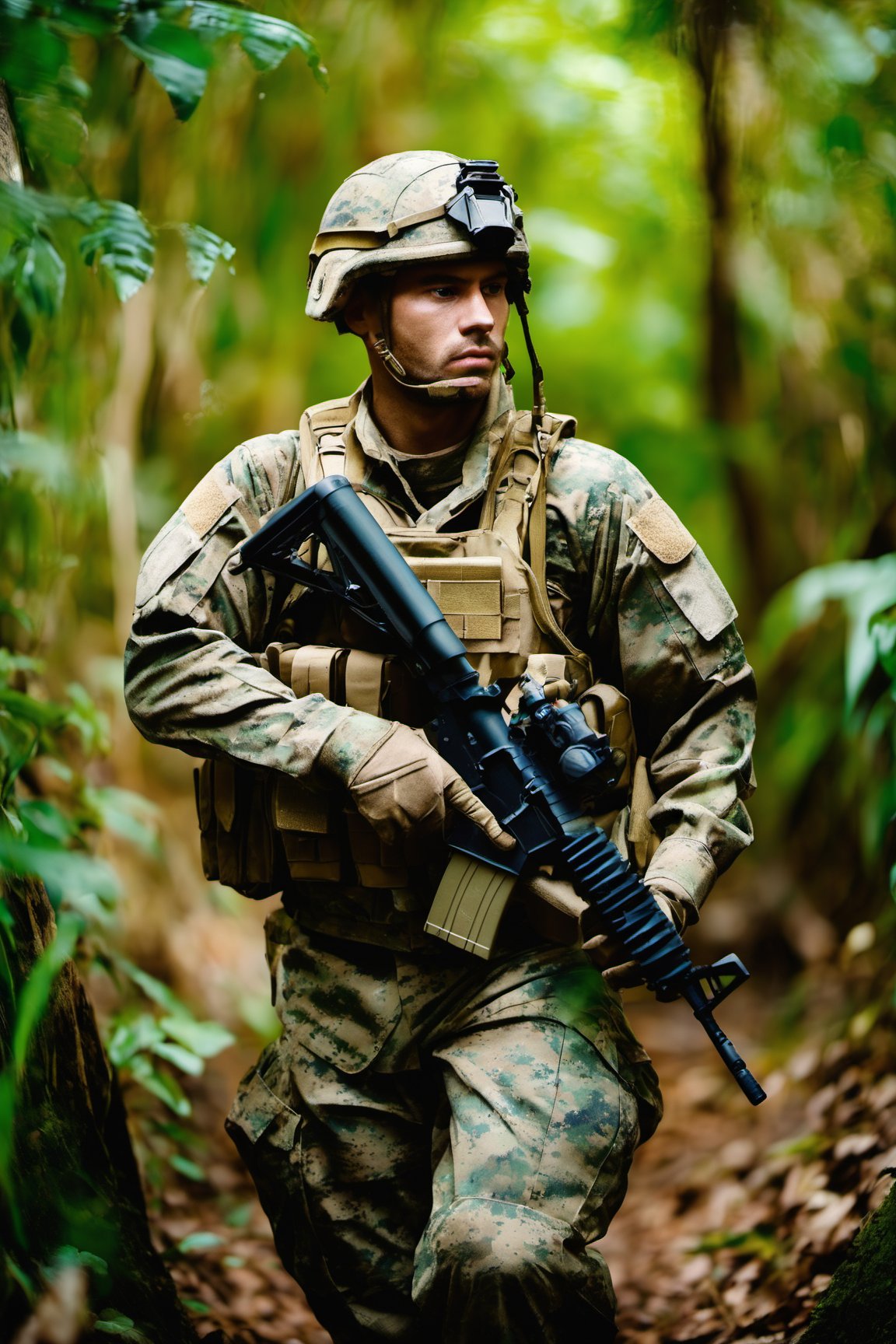 Front facing call of duty soldier advanced military camouflage clothing in a deep jungle in an award winning photography 