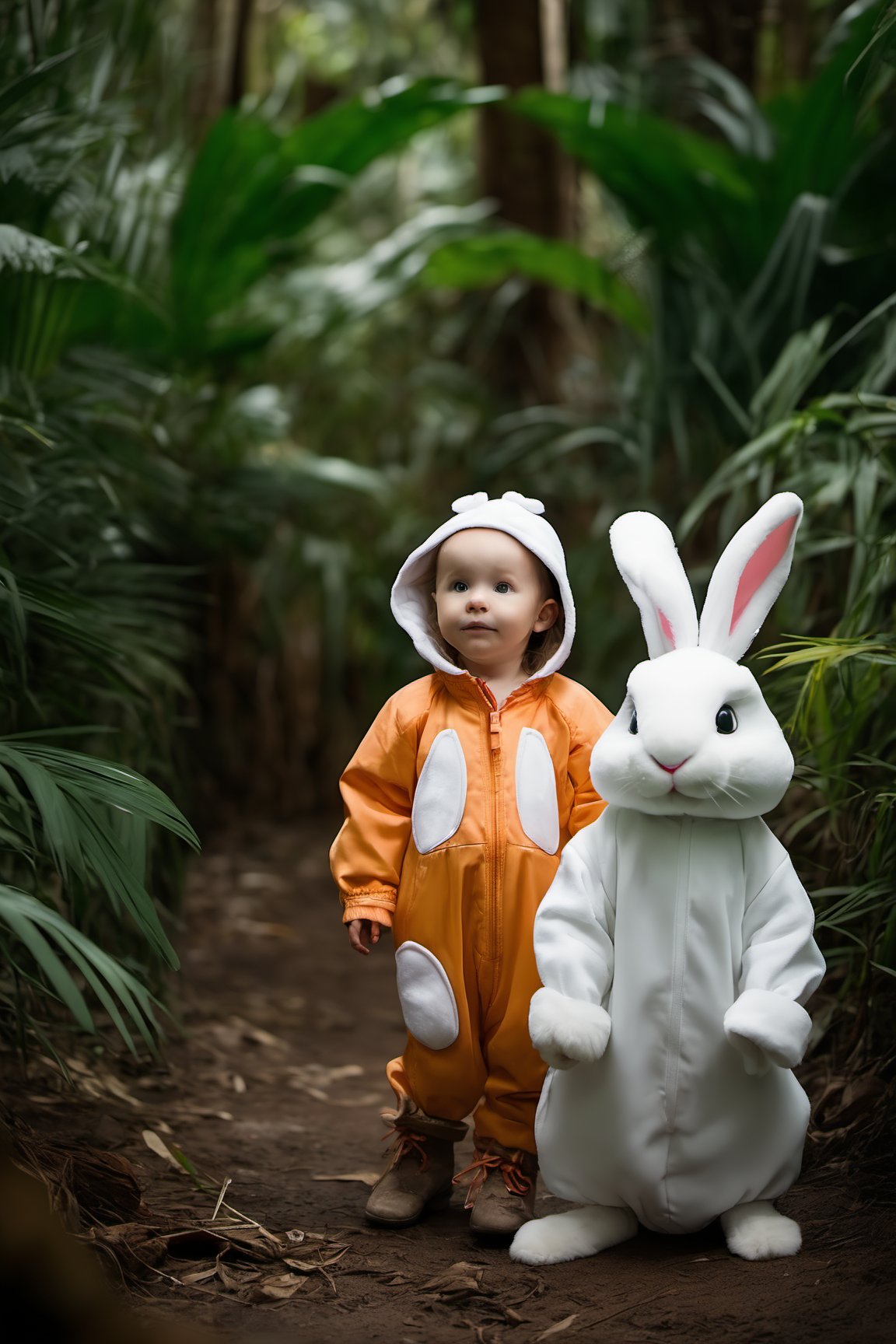 Front facing 2 year old girl in pilot jumpsuit and massive cute rabbit in a deep jungle in an award winning photography 