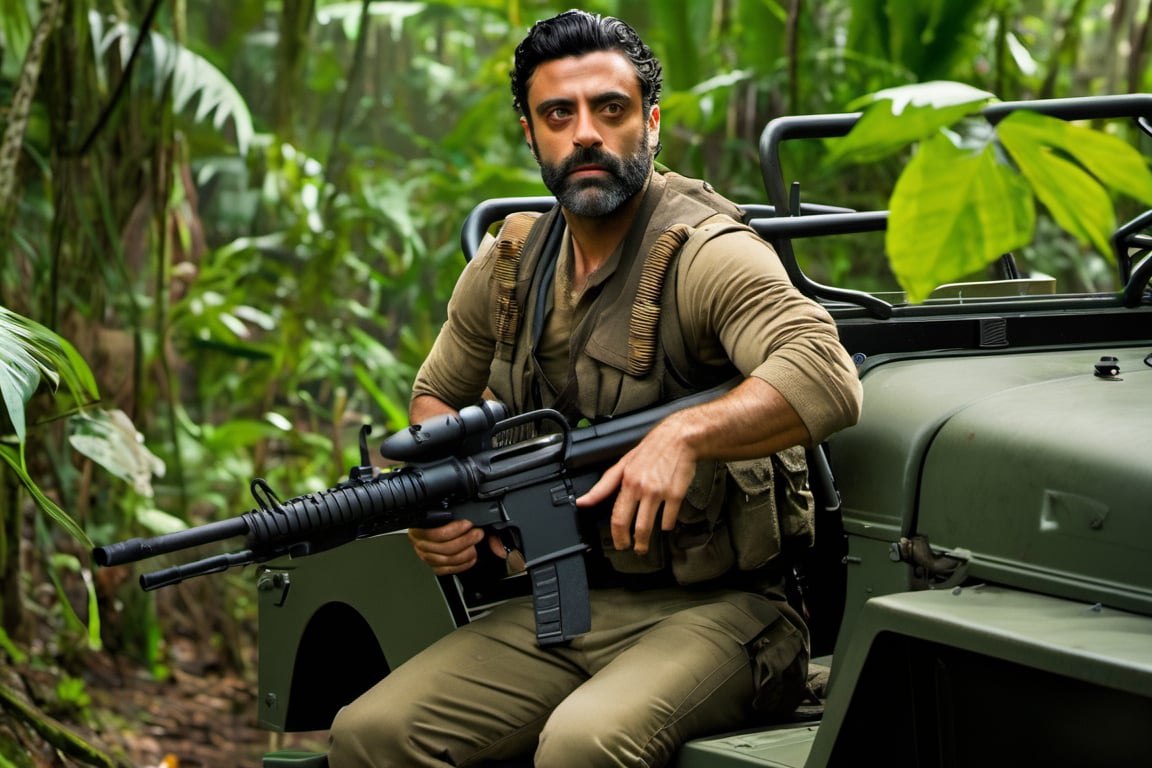 Oscar Isaac in black military vest and inner jumpsuit with advanced weaponry on a willy jeep in a jungle 