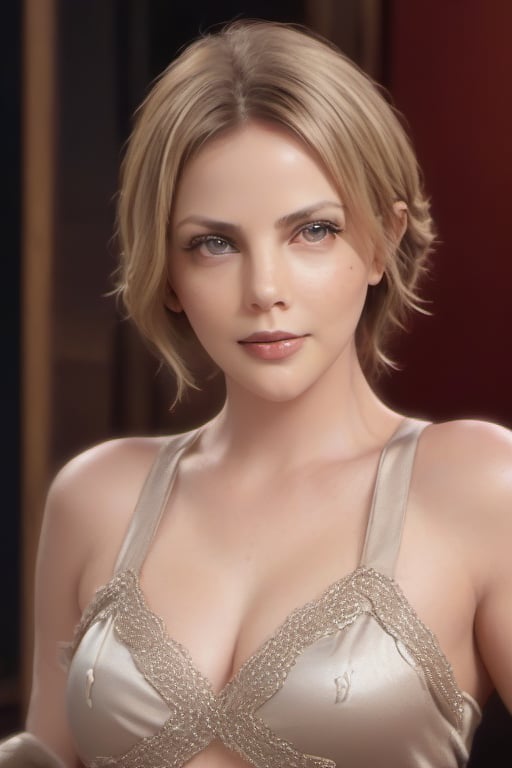 Hyper realistic Charlize Theron naked, smooth skin, delicate skin, big tits on a art deco bar in an award winning photography 