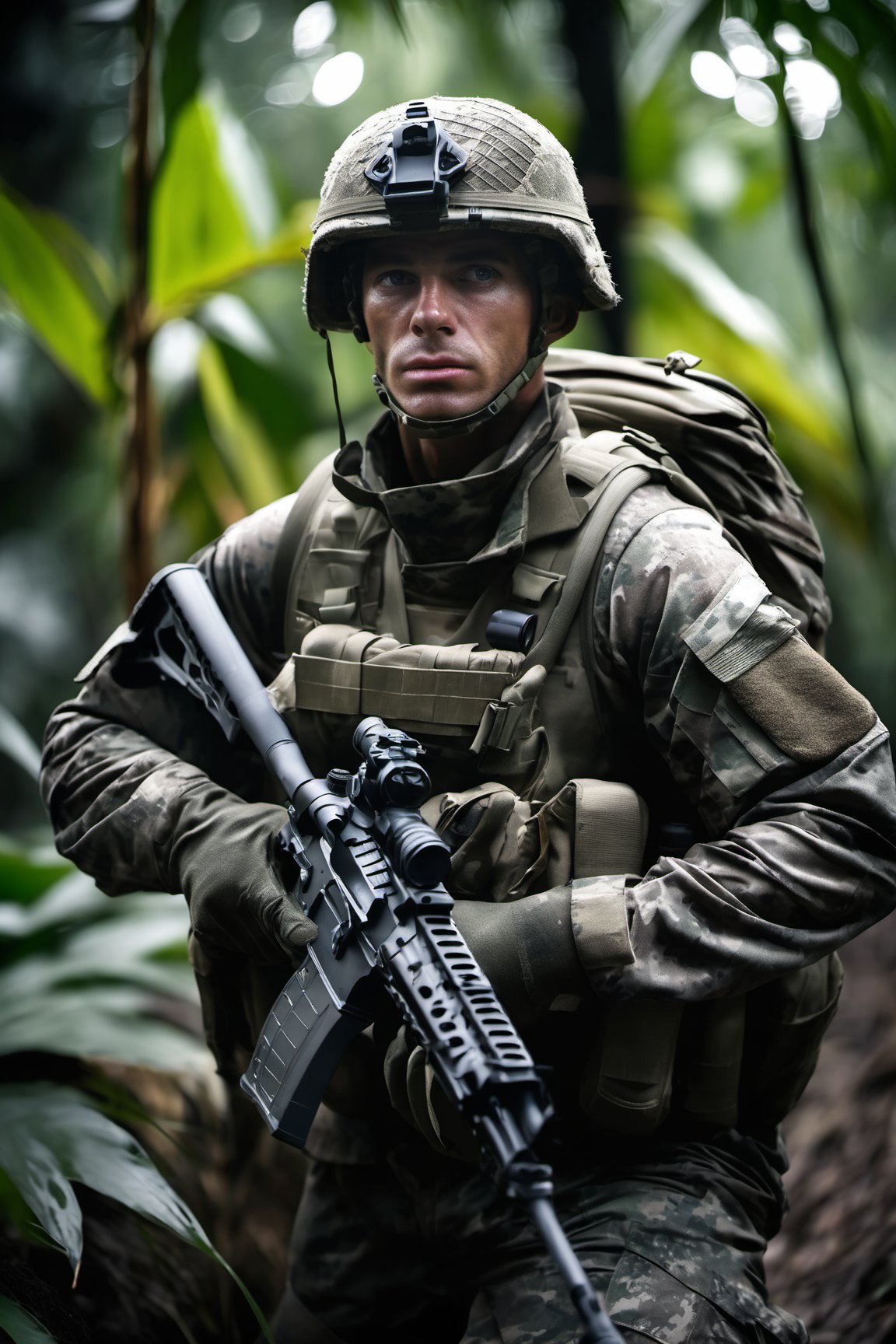 Front facing call of duty soldier advanced military dark grey camouflage clothing in a deep jungle in an award winning photography 