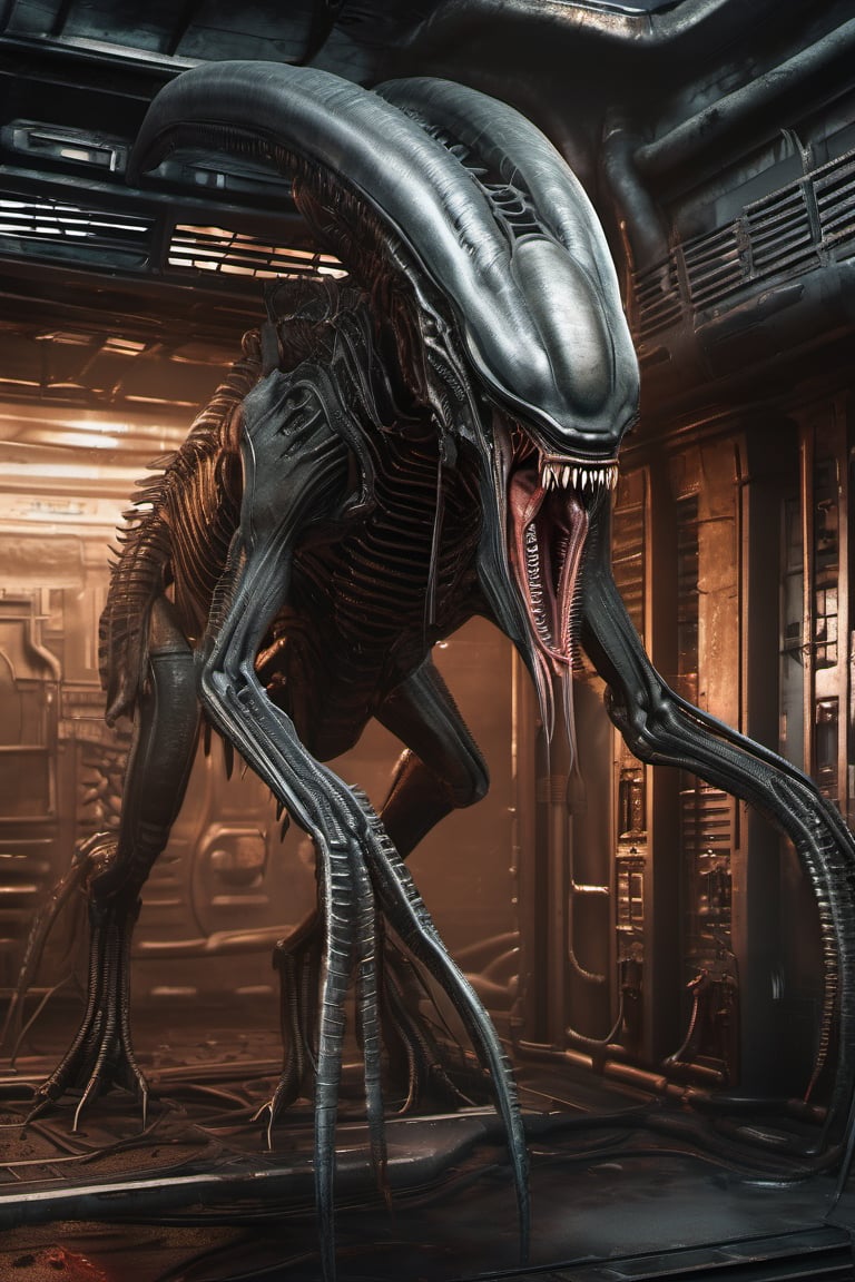 3D style,(masterpiece, best_quality, ultra-detailed:1.3), epic, illustration, welcoming,3d render, intricate advanced hybrid alien xenomorph, h.r.giger, huge open jaw, sharp long teeth, dripping saliva, wet soaked with mud, solo, apocalyptic environment, aircraf hangar, red tint, smoke,  