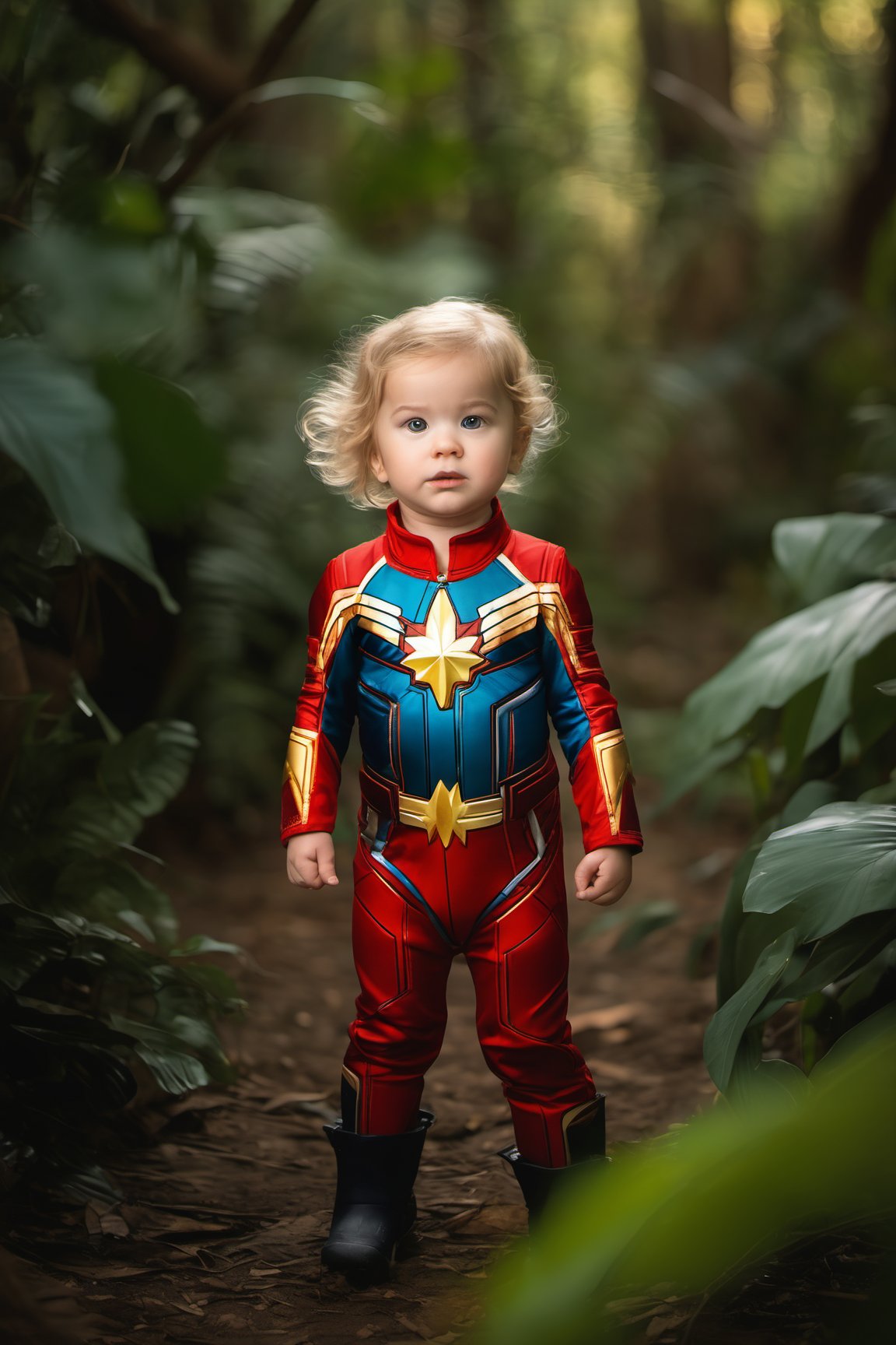 Front facing captain marvel 2 year old girl with a massive cat in a deep jungle in an award winning photography 