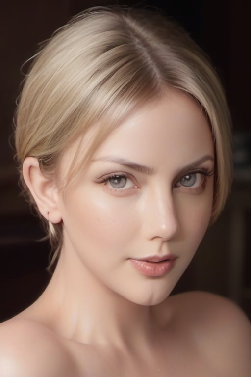 Hyper realistic Charlize Theron naked, smooth skin, delicate skin, blonde hair, big tits on a art deco bar in an award winning photography 