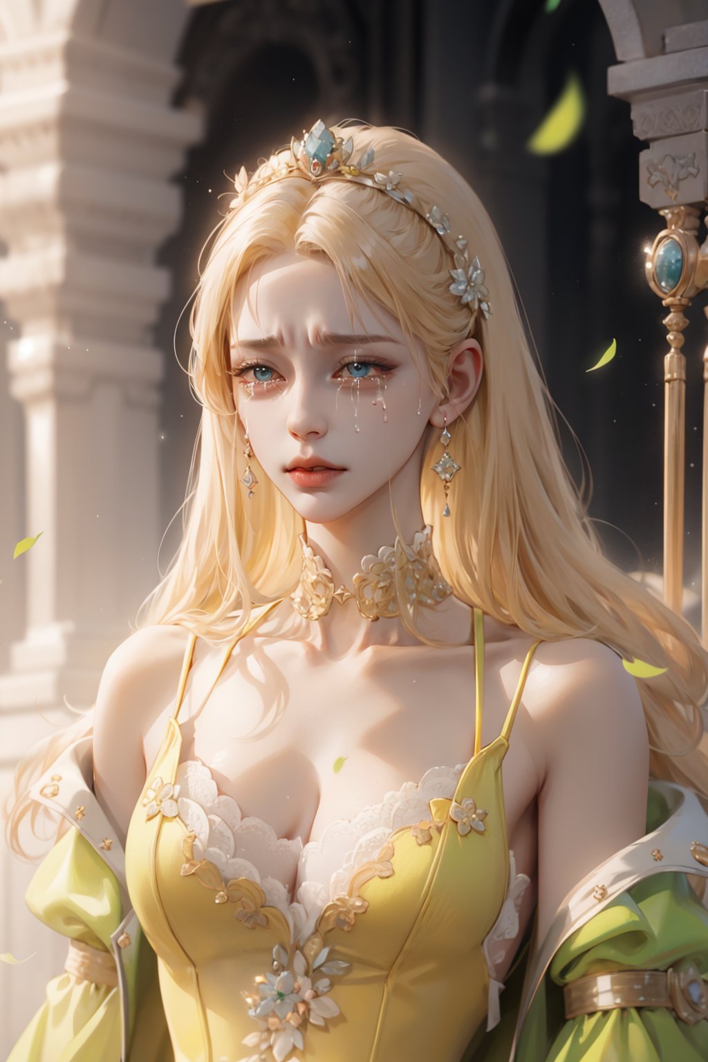 (asterpiece:1.2, best quality), (Soft light), (shiny skin), 1woman, eyelashes, collarbone, victorian, tosca eyes, blonde_long_ hair, royalty background, crying, side look, yellow dress, formal dress