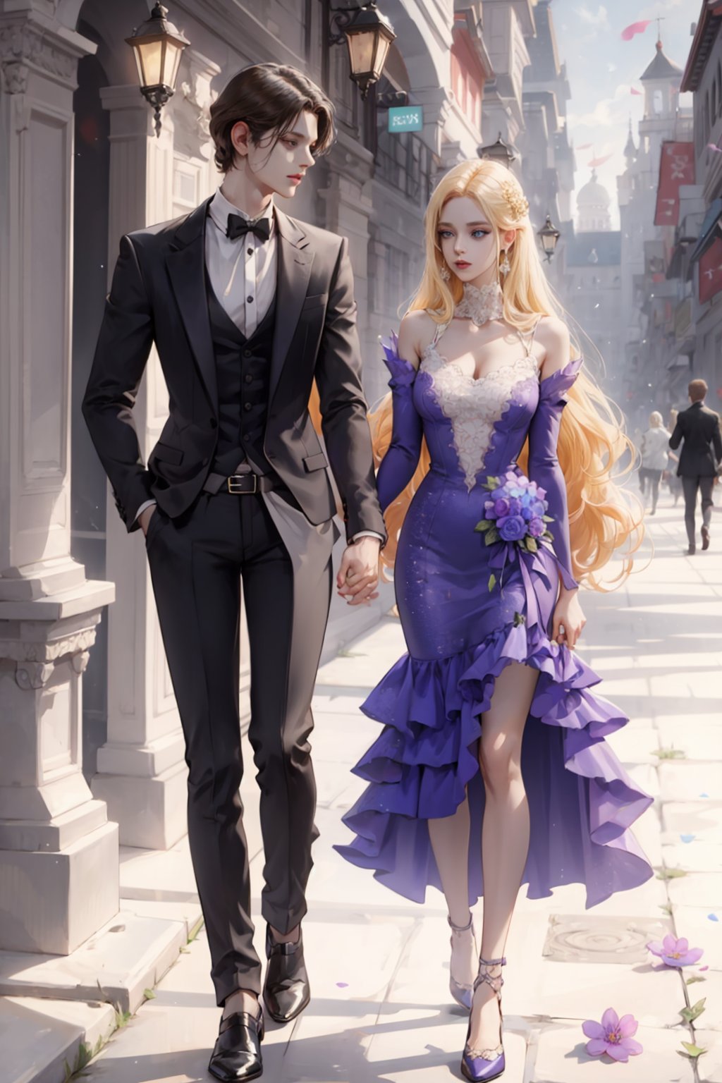 (asterpiece:1.2, best quality), (Soft light), (shiny skin), couple, romantic, kingdom, gold_blonde_hair_woman, blonde_hair_boy, eyelashes, collarbone, victorian, blue eyes, long_curly_blonde_hair_woman, short_black_hair_boy, black_hair_boy, couple, emotionless, walking on the garden, flower garden, formal dress, Violet dress