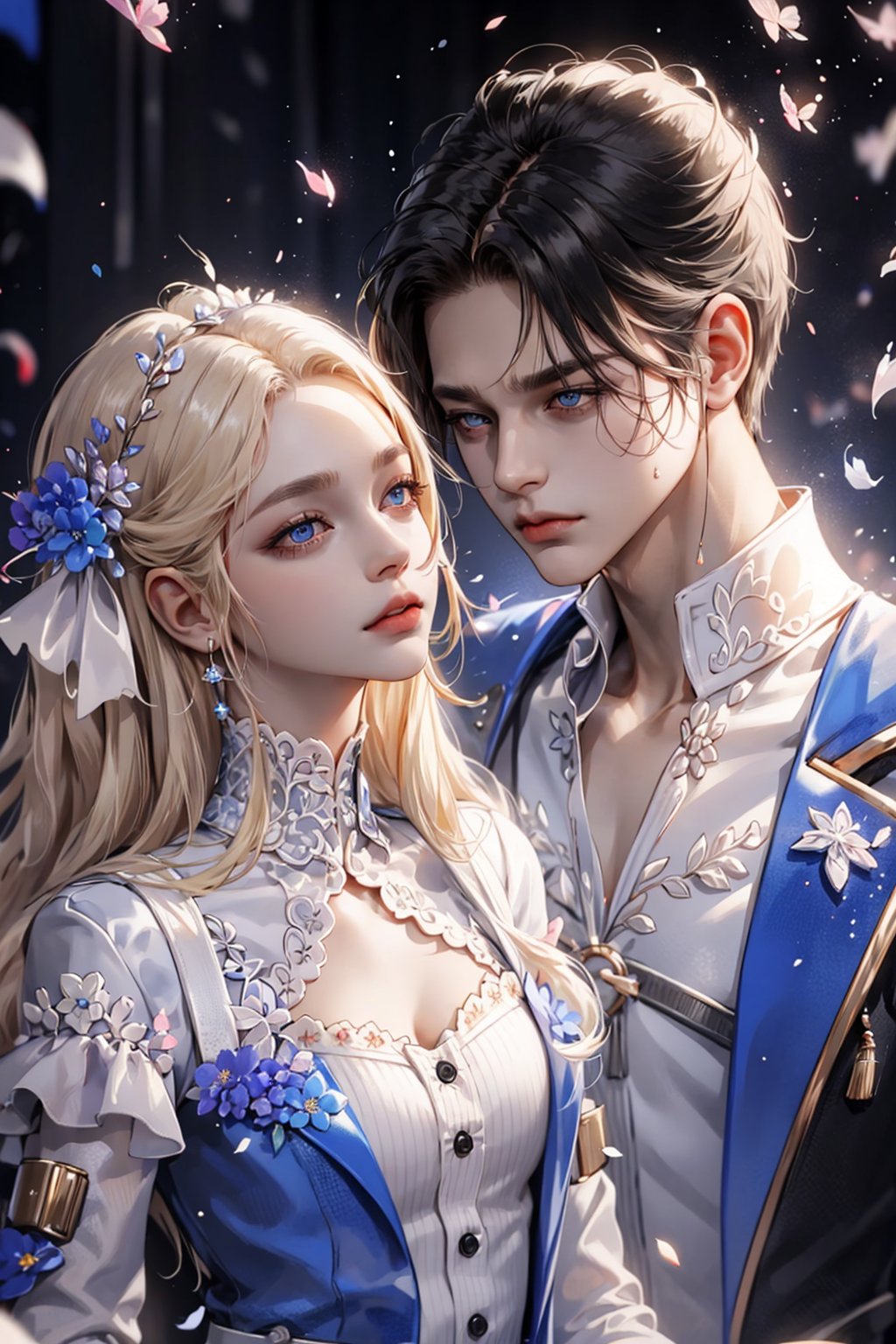 (asterpiece:1.2, best quality), (Soft light), (shiny skin), duo, kissing, 2person, couple_(romantic), man_short_black_hair, black_hair_boy, Black_hair, hateful look, 1man, 1girl, eye_lashes, collarbone, victorian, blue eyes, blonde_long_ hair_girl, black_short_hair_man, royalty background, sexual, flowers petals, french_kiss