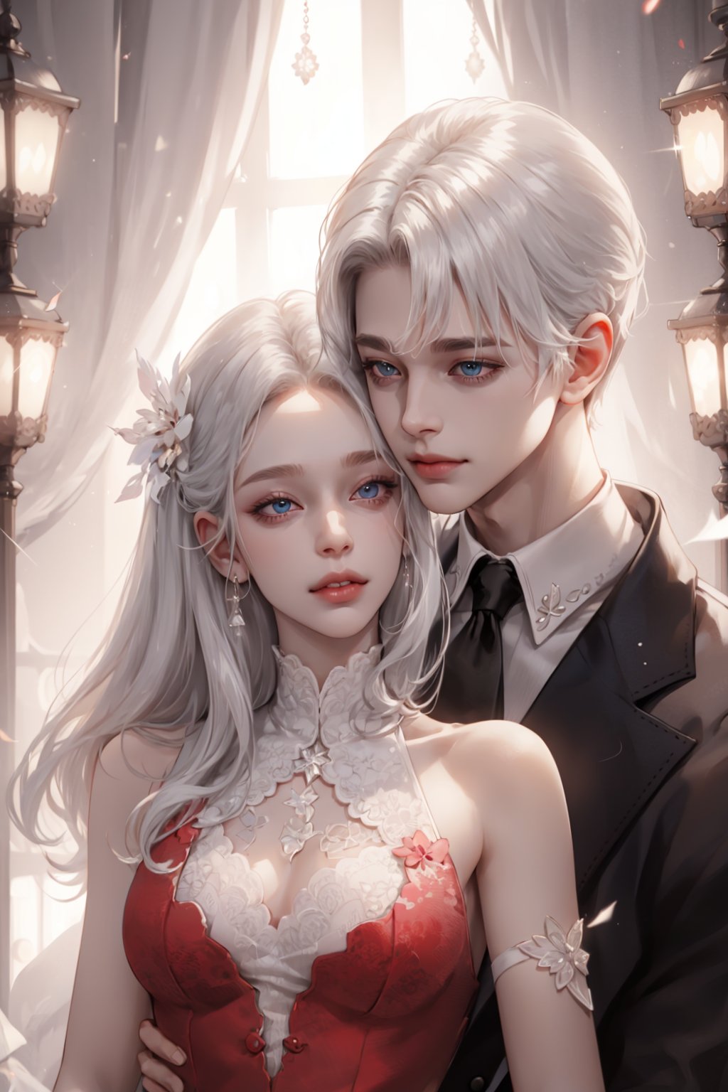(asterpiece:1.2, best quality), (Soft light), (shiny skin), couple, romantic, kingdom, silver hair, red_hair_woman, silver_hair_boy, eyelashes, collarbone, victorian, blue eyes, silver short hair boy,long_curly_red_hair_woman, red hair girl, short_silver_hair_boy, silver_hair_boy, couple, happy face, hugging, formal dress, romantic