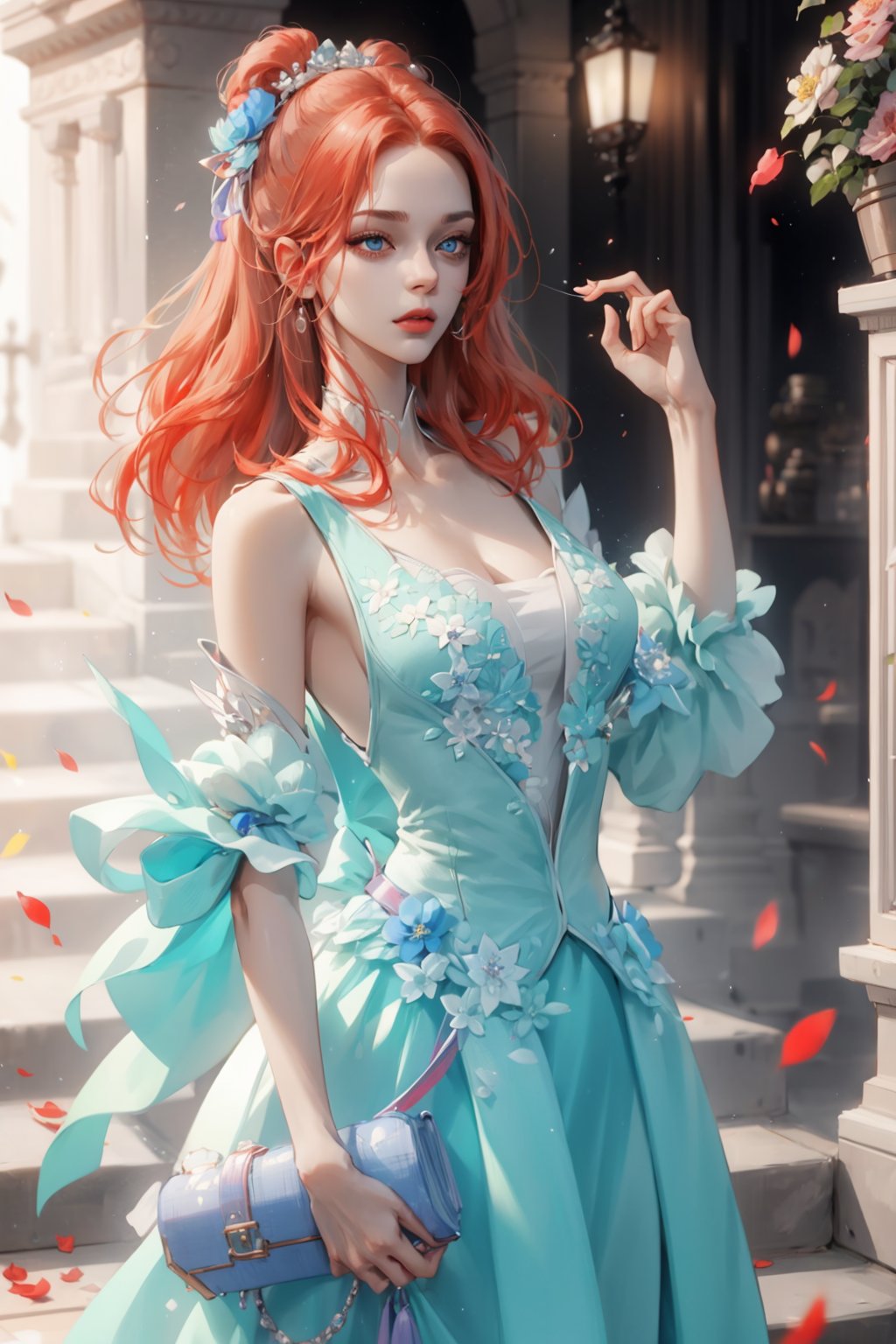 (asterpiece:1.2, best quality), (Soft light), (shiny skin), 1people,  ginger_hair, hateful look, ball party, ball room, ballgown, eye_lashes, collarbone, victorian, blue eyes, red_long_ hair_girl, crowed, ball party, dancing, standing, holding campaigne, flowers petals,weiboZH,hll