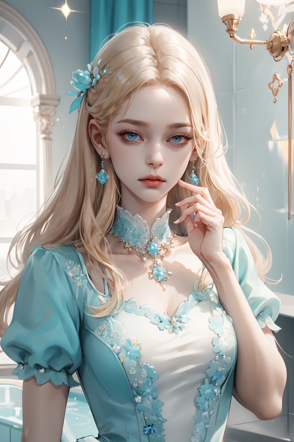 (asterpiece:1.2, best quality), (Soft light), (shiny skin), 1girl,  kingdom, blonde hair, victorian, tosca eyes, long_blonde_hair_girl , formal dress, bathroom, shock face, shock, aquamarine necklace, aquamarine earings, shock face, hands covered mouth