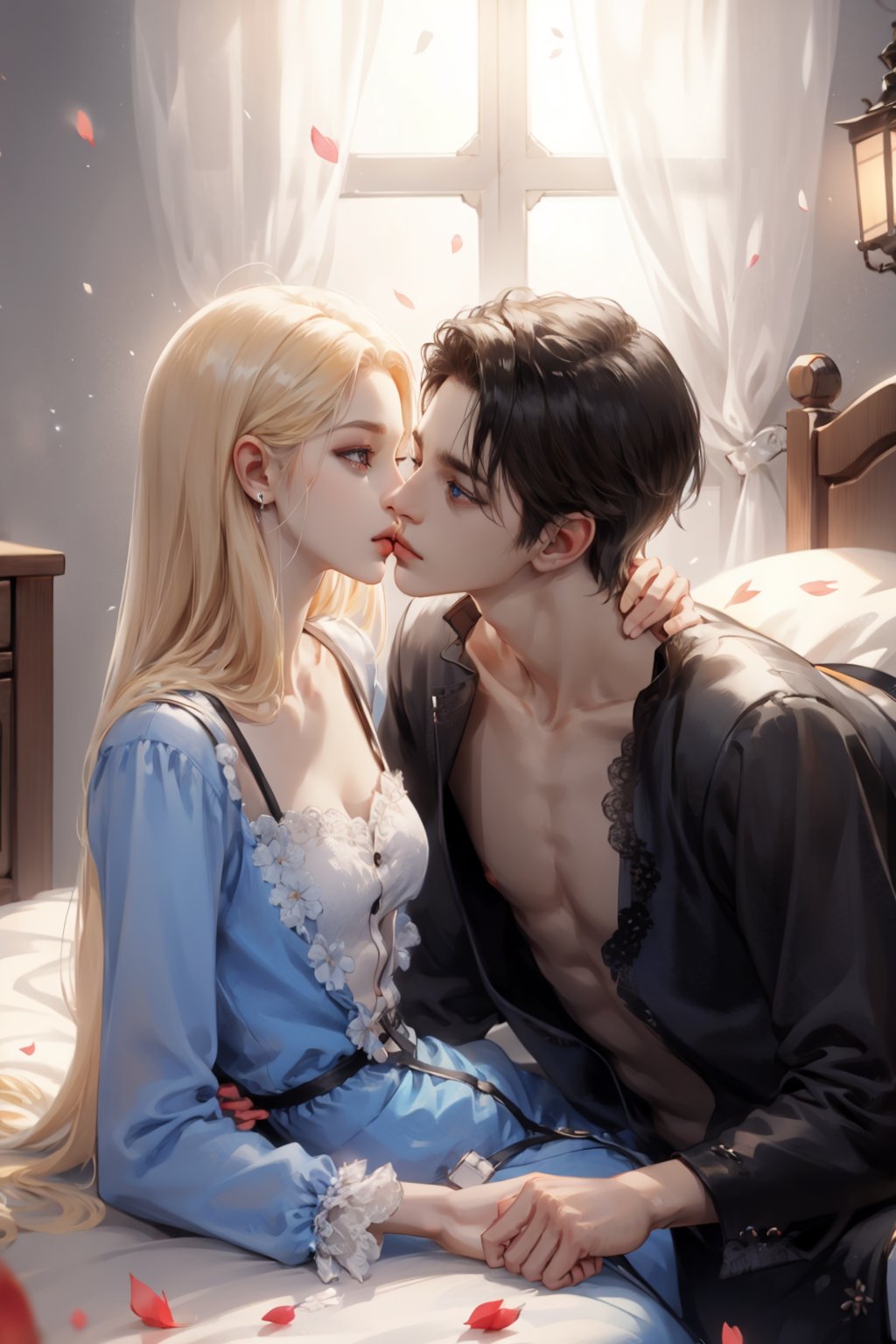 (asterpiece:1.2, best quality), (Soft light), (shiny skin), duo, kissing, 2person, couple_(romantic), man_short_black_hair, black_hair_boy, Black_hair, hateful look, 1man, 1girl, eye_lashes, collarbone, victorian, blue eyes, blonde_long_ hair_girl, black_short_hair_man, royalty background, sexual, flowers petals, french_kiss, sitting on the bed, kissing