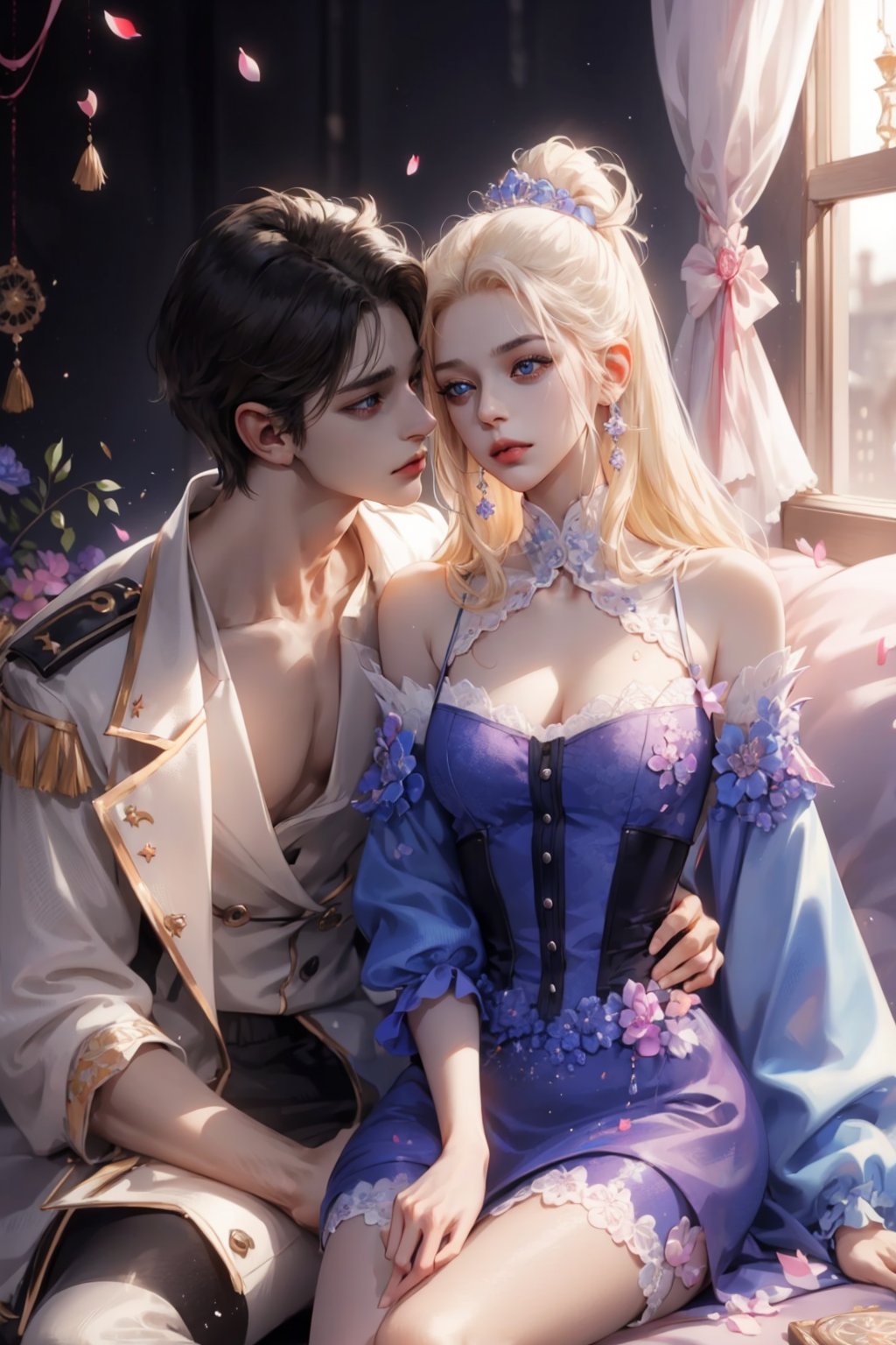 (asterpiece:1.2, best quality), (Soft light), (shiny skin), duo, kissing, 2person, couple_(romantic), man_short_black_hair, black_hair_boy, Black_hair, hateful look, 1man, 1girl, eye_lashes, collarbone, victorian, blue eyes, blonde_long_ hair_girl, black_short_hair_man, royalty background, sexual, flowers petals, french_kiss, sitting on the bed, kissing