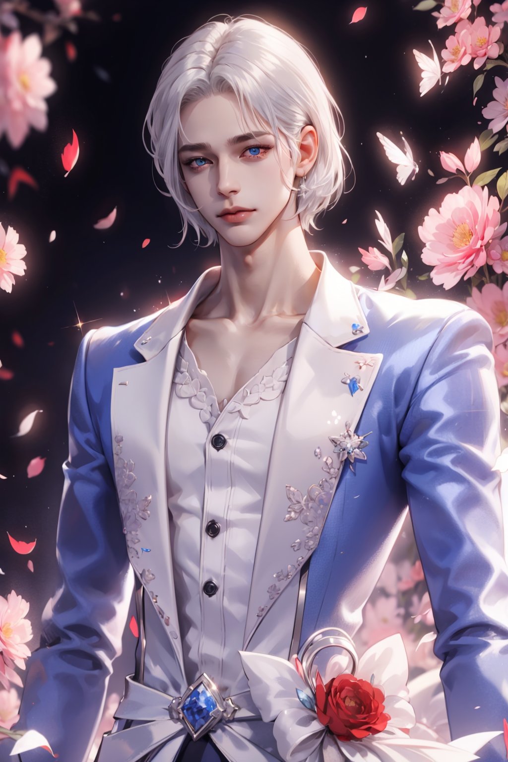 (asterpiece:1.2, best quality), (Soft light), (shiny skin), 1person, manly, handsome, short_silver_hair, short_silver_hair_man, suits, party, ballroom, ballgown, eye_lashes, collarbone, victorian, blue eyes, , flowers petals,weiboZH,hll, red background