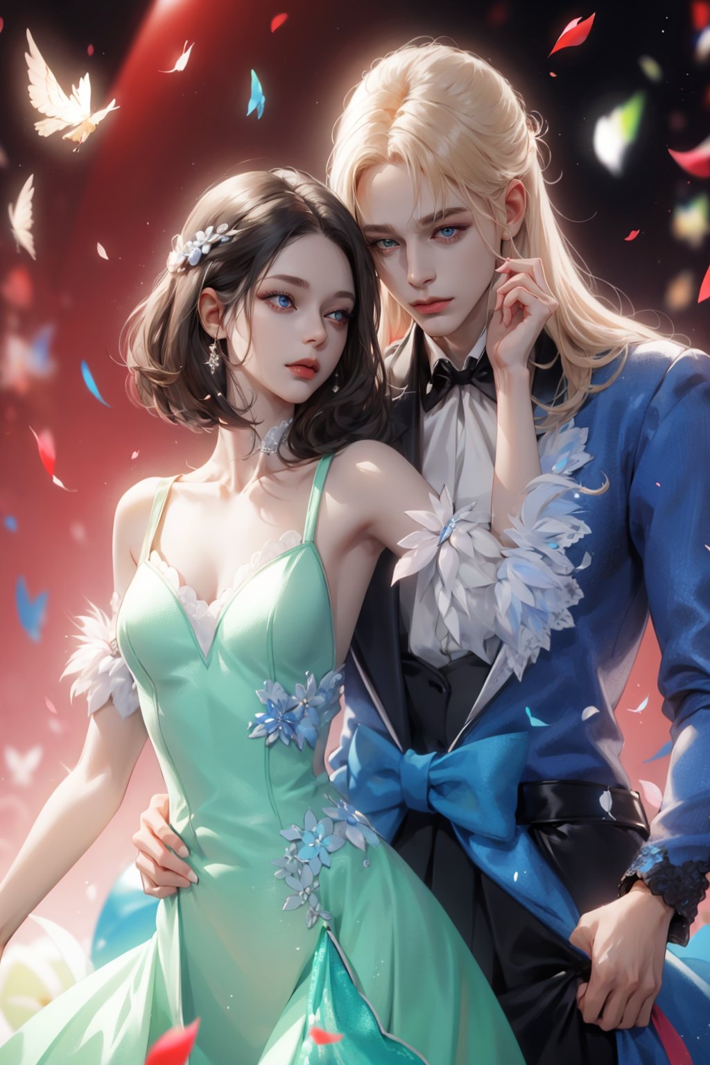 (asterpiece:1.2, best quality), (Soft light), (shiny skin), 2 person, 2 people, romance, couple, blonde_hair, long_hair_girl, short_black_hair, short_black_hair_boy, long dress, party, ballroom, ballgown, eye_lashes, collarbone, victorian, blue eyes, crowed, ball party, blue and black dress, dancing, flowers petals,weiboZH,hll, red background
