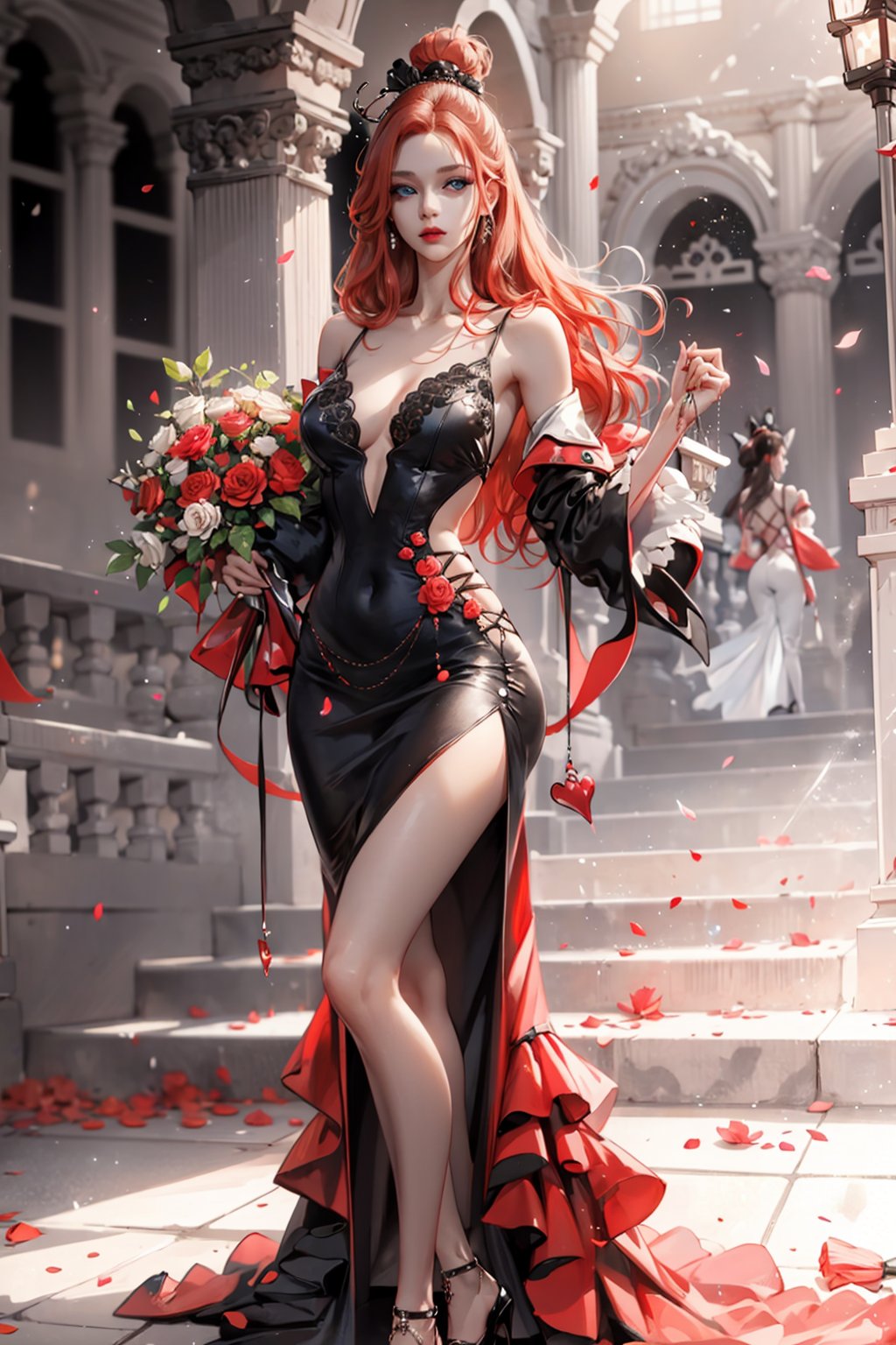 (asterpiece:1.2, best quality), (Soft light), (shiny skin),  ginger_hair, long_hair, hateful look,long dress, party, ballroom, ballgown, eye_lashes, collarbone, victorian, blue eyes, red_long_ hair_girl, crowed, ball party, red and black dress, dancing, standing, holding campaigne, flowers petals,weiboZH,hll
