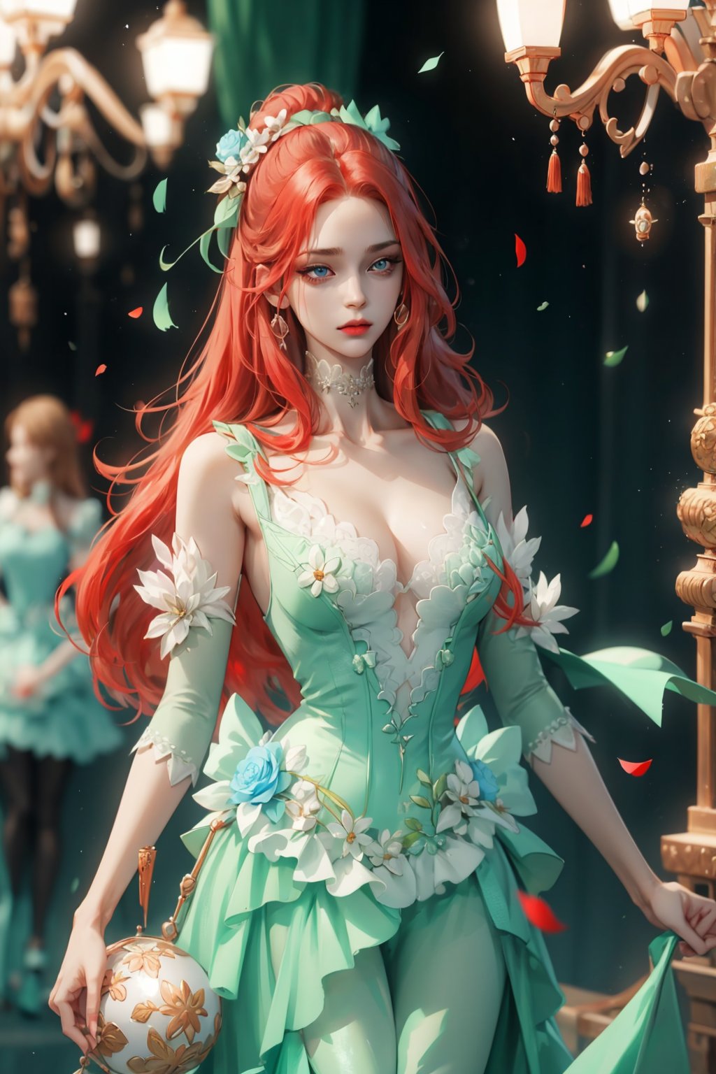 (asterpiece:1.2, best quality), (Soft light), (shiny skin),  ginger_hair, long_hair, hateful look,long dress, ball party, ball room, ballgown, eye_lashes, collarbone, victorian, blue eyes, red_long_ hair_girl, crowed, ball party, red and black dress, dancing, standing, holding campaigne, flowers petals,weiboZH,hll