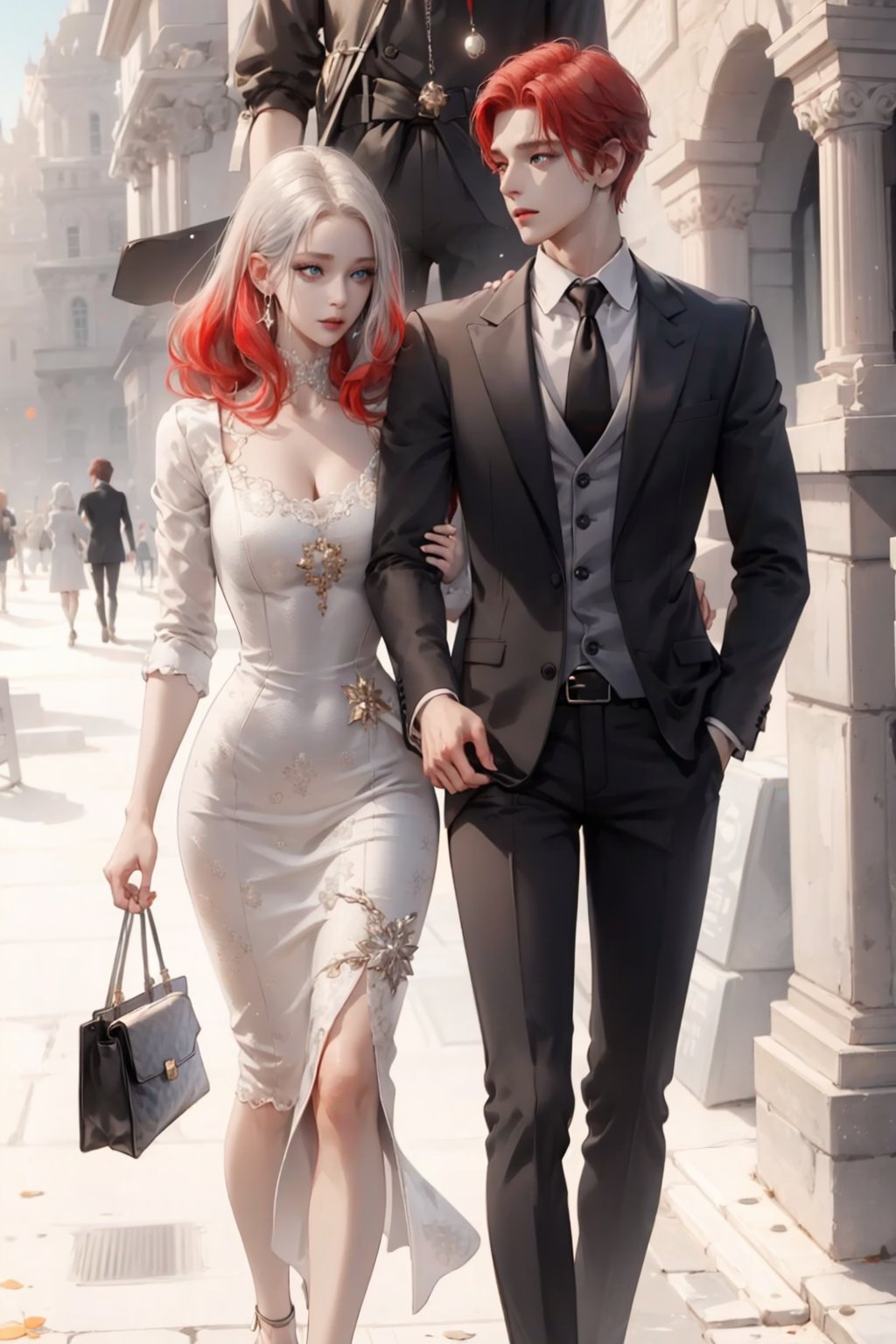 (asterpiece:1.2, best quality), (Soft light), (shiny skin), couple, romantic, kingdom, red_hair_woman, silver_hair_boy, eyelashes, collarbone, victorian, blue eyes, long_curly_red_hair_woman, short_silver_hair_boy, silver_hair_boy, couple, happy face, walking together, formal dress, yellow dress, romantic