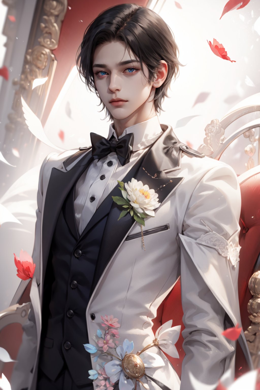 (asterpiece:1.2, best quality), (Soft light), (shiny skin), 1person, manly, handsome, short_black_hair, short_black_hair_man, suits, party, ballroom, ballgown, eye_lashes, collarbone, victorian, blue eyes, black suits , flowers petals,weiboZH,hll, red background