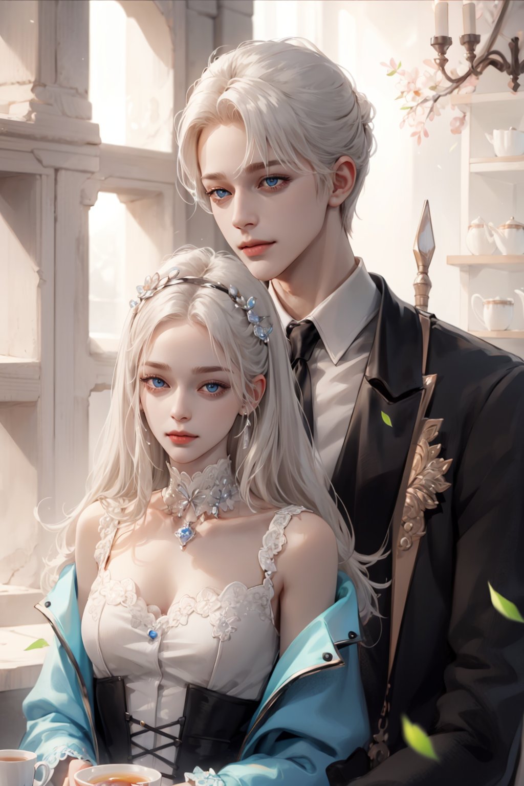 (asterpiece:1.2, best quality), (Soft light), (shiny skin), couple, romantic, kingdom, blonde_hair_woman, silver_hair_boy, eyelashes, collarbone, victorian, blue eyes, long_curly_blonde_hair_woman, short_silver_hair_boy, silver_hair_boy, couple_(romantic), happy face, formal outfit, tea time