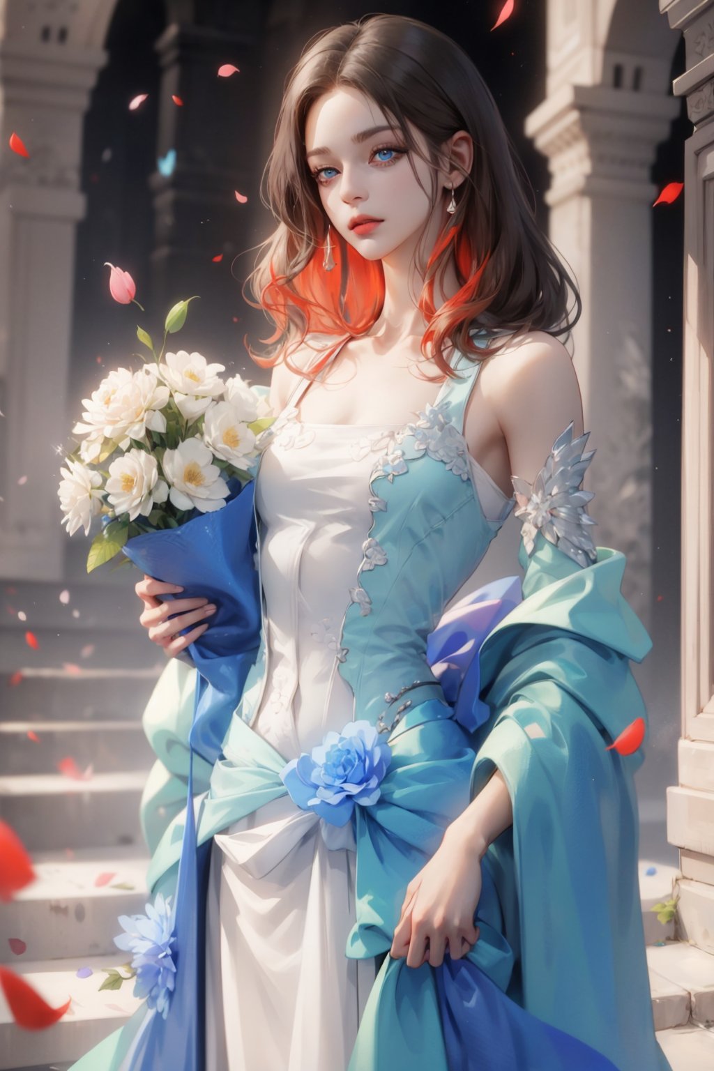 (asterpiece:1.2, best quality), (Soft light), (shiny skin), 1people,  ginger_hair, hateful look, ball party, kingdom, ballgown, eye_lashes, collarbone, victorian, blue eyes, red_long_ hair_girl, black_short_hair_man, standing, holding campaigne, flowers petals,weiboZH,hll