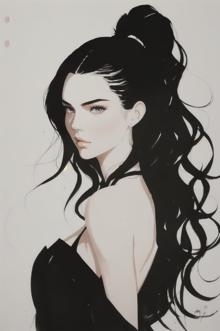 Portrait of Kendall Jenner, black wavy hair, Chinese ink wash painting, minimalistic painting, white background, contemporary art, wyy_style, 吴冠中