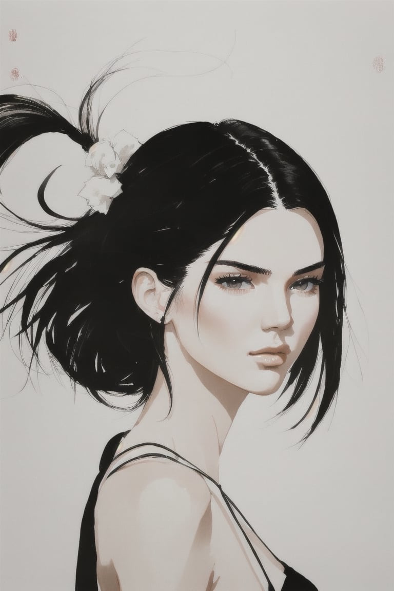 Portrait of Kendall Jenner, Chinese ink wash painting, minimalistic painting, white background, contemporary art, wyy_style, 吴冠中