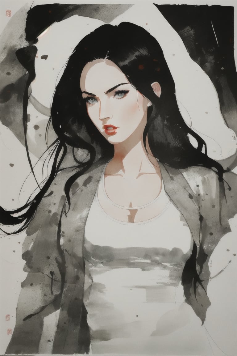 Portrait of Megan Fox, Chinese ink wash painting, minimalistic painting, white background, contemporary abstract art, wyy_style, 吴冠中