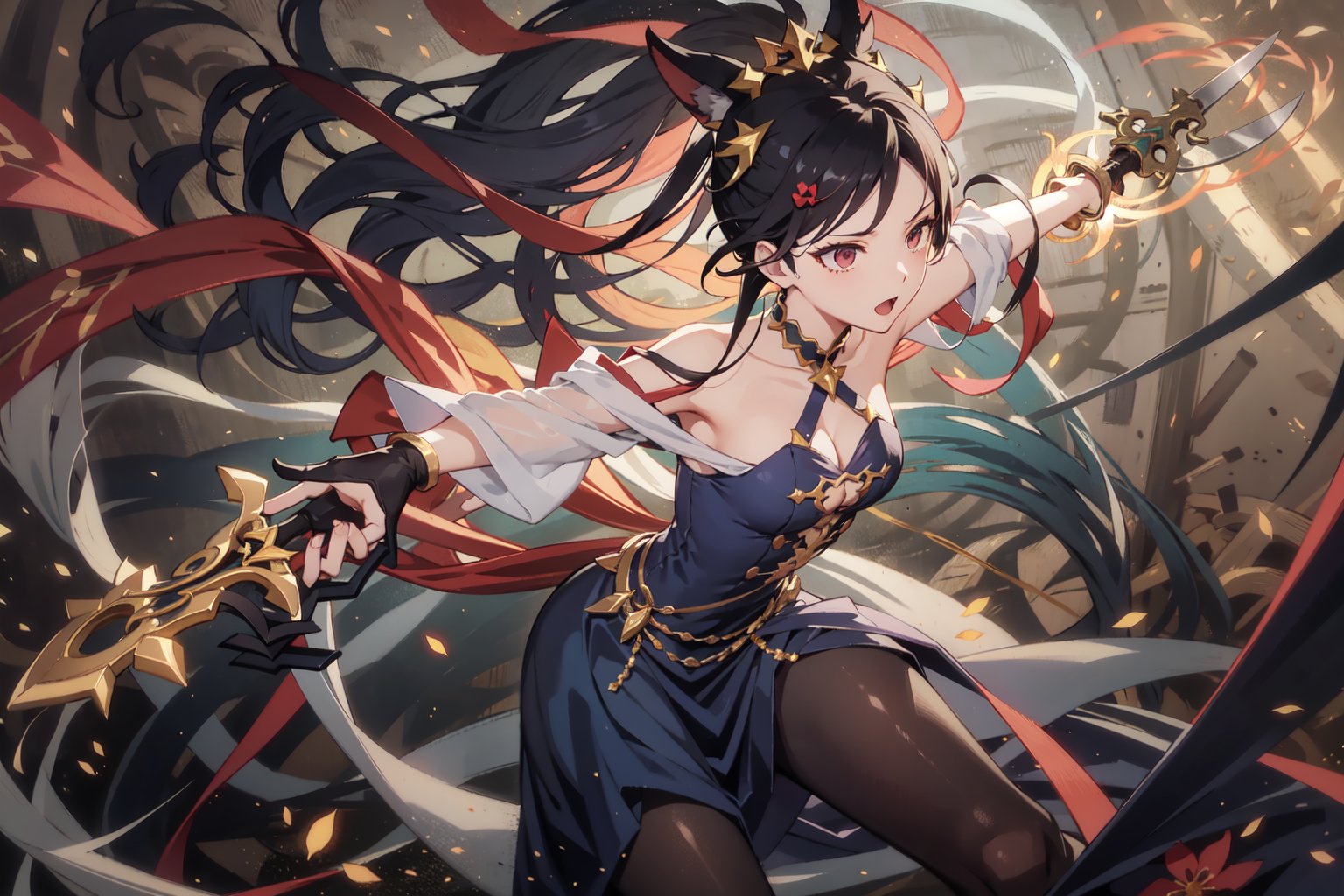 Hanabi mobile legend hero, jumping, fiercing face, cleavage cutout, silk dress, holding knives, semi realism