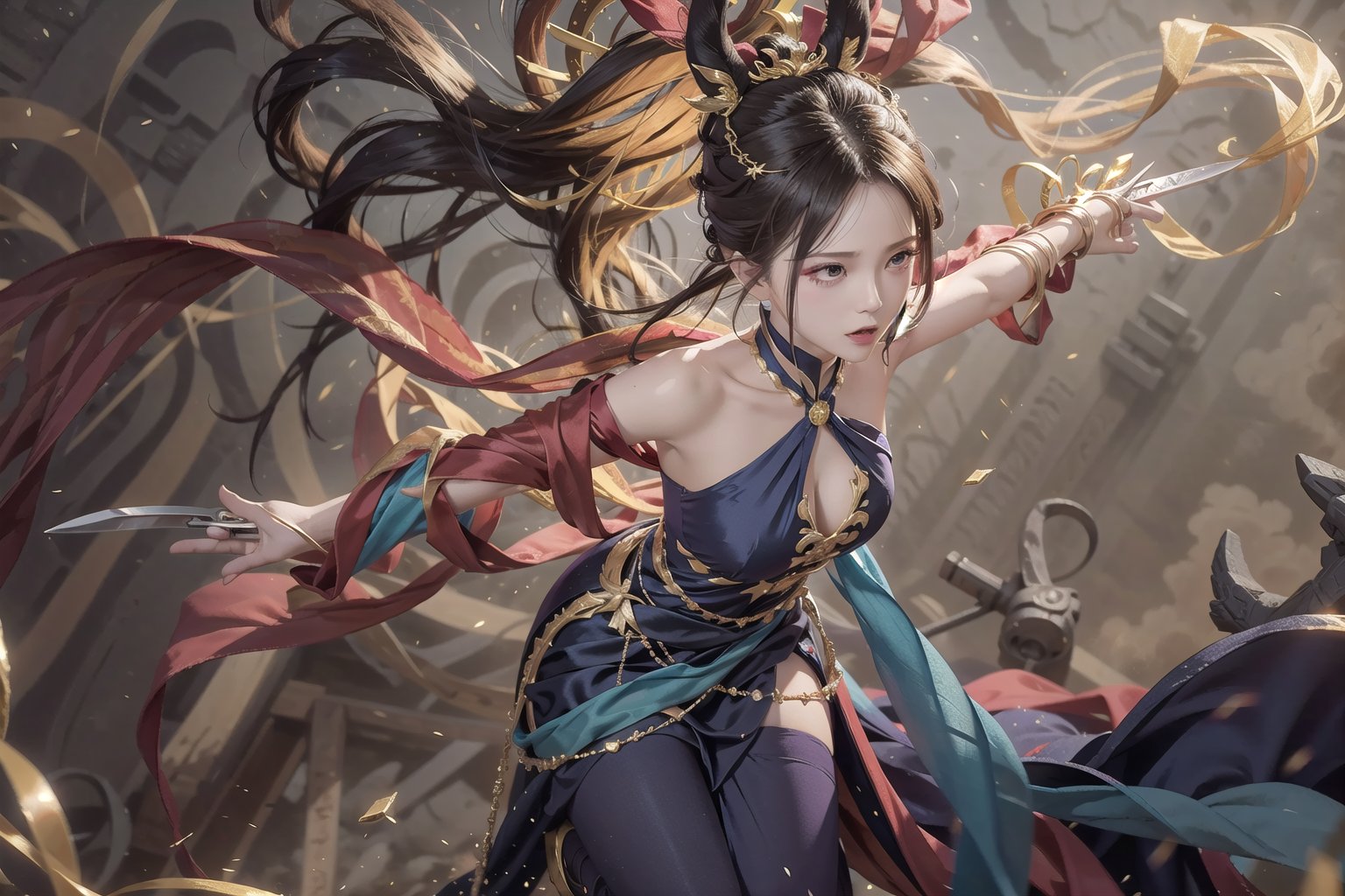 Hanabi mobile legend hero, jumping, fiercing face, cleavage cutout, silk dress, holding knives, semi realism