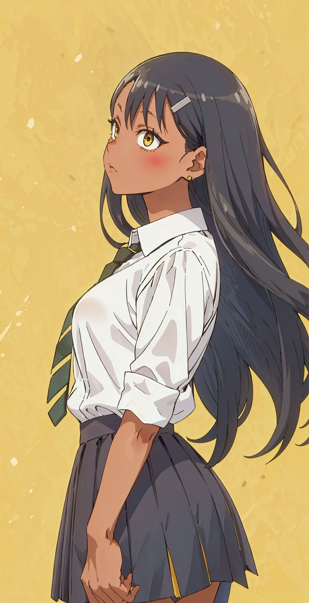 (({nagatoro_hayase_donttoywithmemissnagatoro}, black_hair, long_hair, dark-skinned_female, dark_skin, brown_eyes, hairclip, hair_ornament,)) , girl in school uniform with black and yellow hair standing in front of yellow background, 1girl, solo, yellow background, short hair, skirt, shirt, black hair, necktie, simple background, white shirt, yellow eyes, black necktie, jewelry, pleated skirt, from side, short sleeves, earrings, collared shirt, shirt tucked in,lam \(ramdayo\)