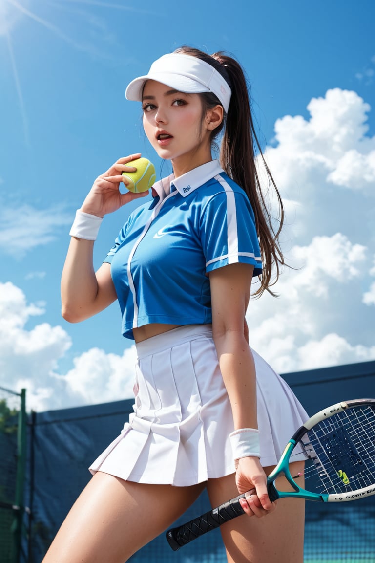 score_9, score_8_up, score_7_up, score_6_up, BREAK source_anime, 1girl, ball, blue sky, cloud, cloudy sky, cowboy shot, hand up, hat, long hair, looking at viewer, looking to the side, open mouth, outdoors, playing sports, ponytail, racket, shirt, short sleeves, skirt, sky, solo, sportswear, tennis ball, tennis racket, tennis uniform, thighs, white hat, white shirt, white skirt, white sleeves