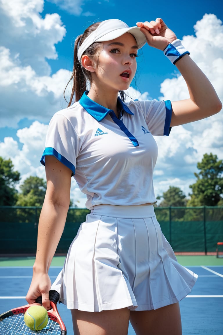 score_9, score_8_up, score_7_up, score_6_up, BREAK source_anime, 1girl, ball, blue sky, cloud, cloudy sky, cowboy shot, hand up, hat, looking at viewer, looking to the side, open mouth, outdoors, playing sports, racket, shirt, short sleeves, skirt, solo, sportswear, tennis ball, tennis racket, tennis uniform, white hat, white shirt, white skirt, white sleeves