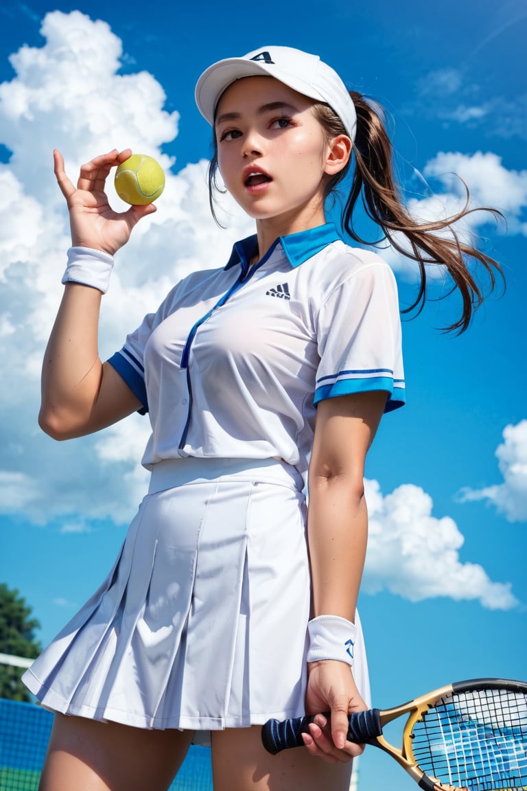 score_9, score_8_up, score_7_up, score_6_up, BREAK source_anime, 1girl, ball, blue sky, cloud, cloudy sky, cowboy shot, hand up, hat, looking at viewer, looking to the side, open mouth, outdoors, playing sports, racket, shirt, short sleeves, skirt, solo, sportswear, tennis ball, tennis racket, tennis uniform, white hat, white shirt, white skirt, white sleeves