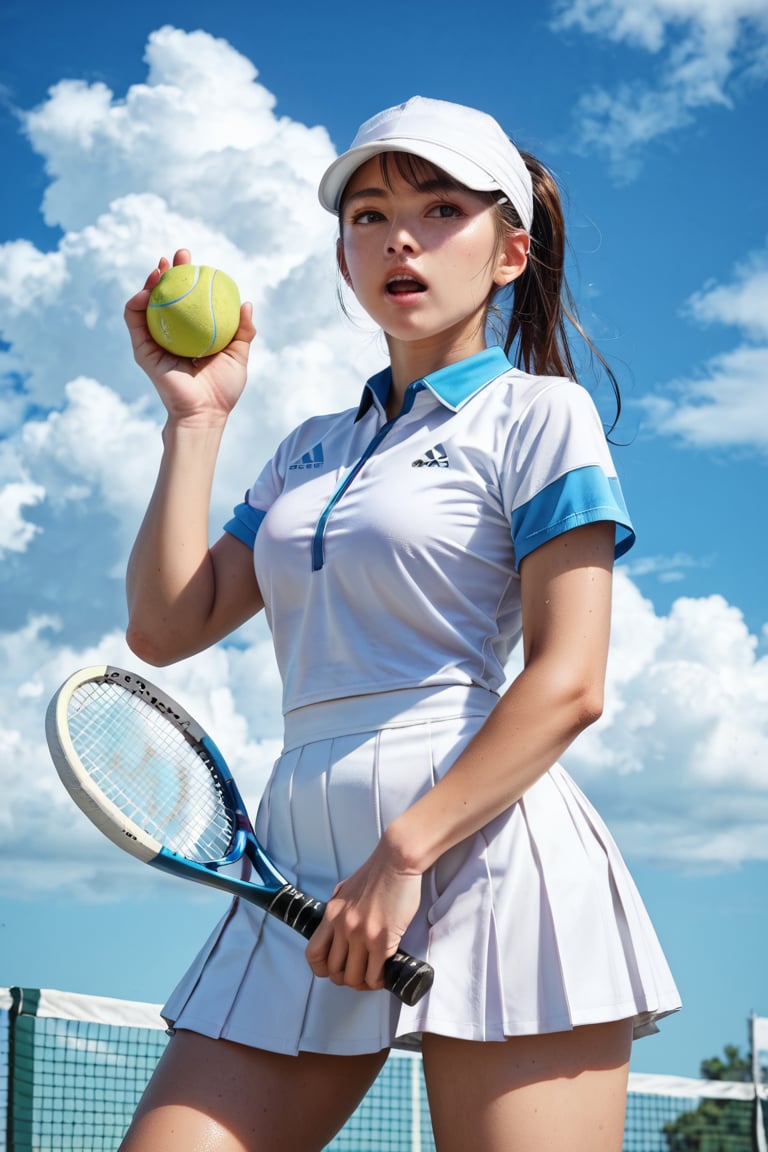 score_9, score_8_up, score_7_up, score_6_up, BREAK source_anime, 1girl, ball, blue sky, cloud, cloudy sky, cowboy shot, hand up, hat, looking at viewer, looking to the side, open mouth, outdoors, playing sports, racket, shirt, short sleeves, skirt, solo, sportswear, tennis ball, tennis racket, tennis uniform, white hat, white shirt, white skirt, white sleeves